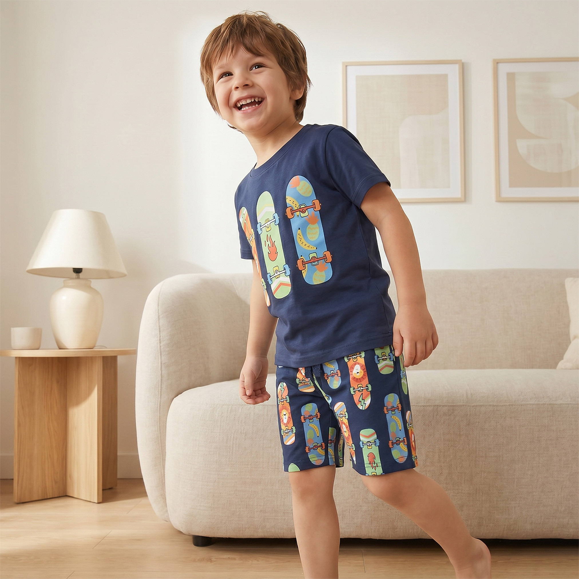 Juniors Cotton Crew Neck Short Sleeves Shorts Set with Skateboard Print-boys-clothing-nightwear-image-8