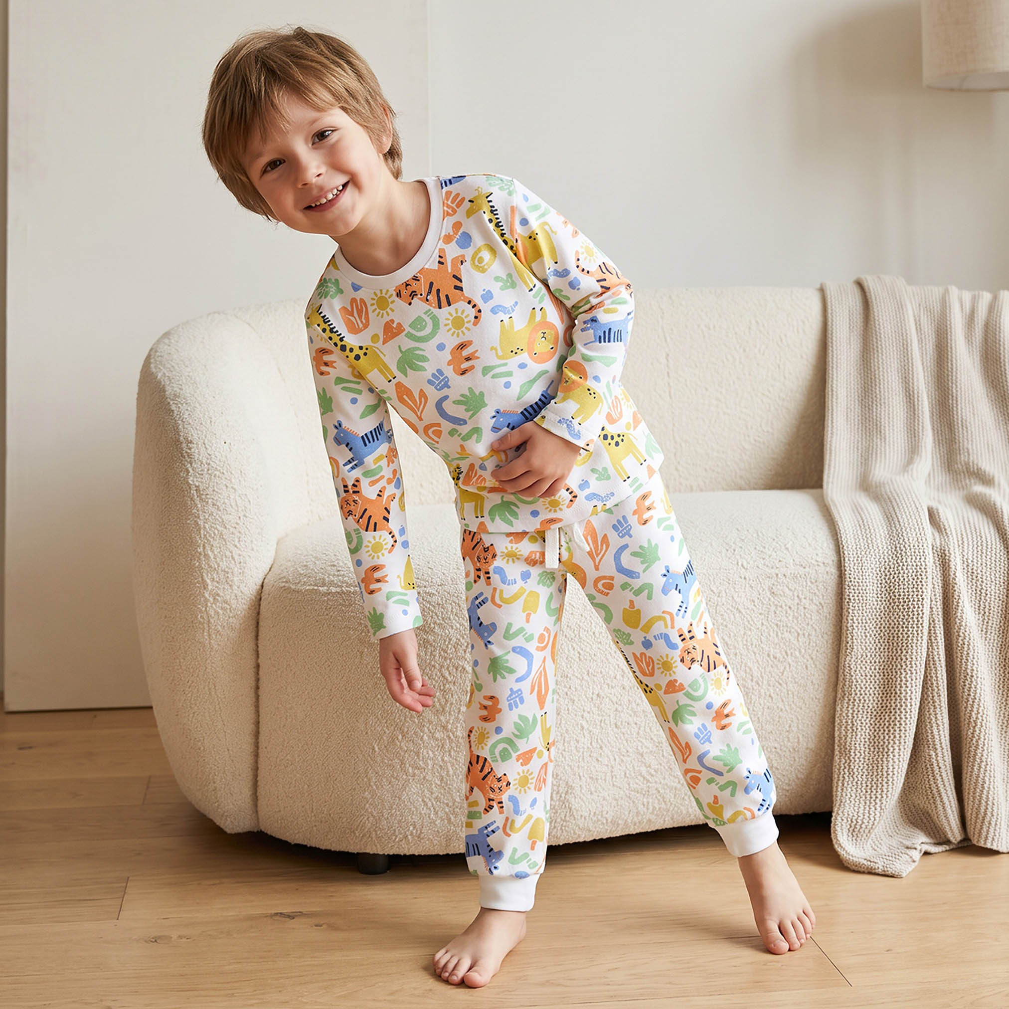 Juniors Cotton Crew Neck Long Sleeves Pyjama Set with Safari Print-boys-clothing-nightwear-image-1