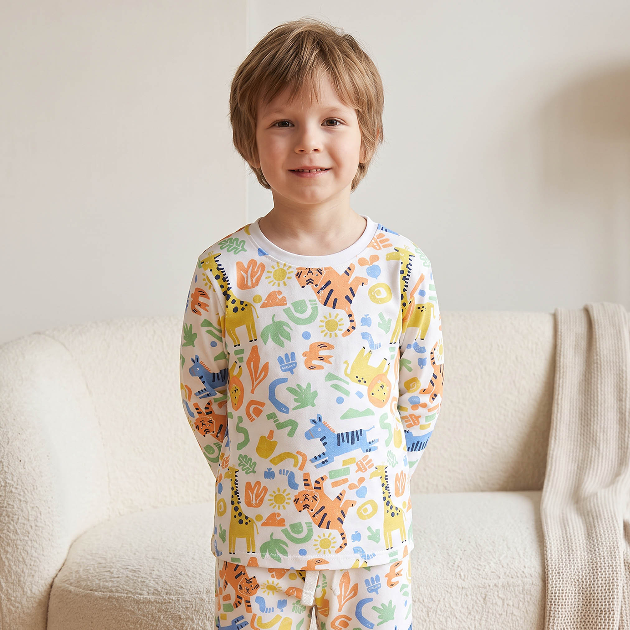 Juniors Cotton Crew Neck Long Sleeves Pyjama Set with Safari Print-boys-clothing-nightwear-image-2