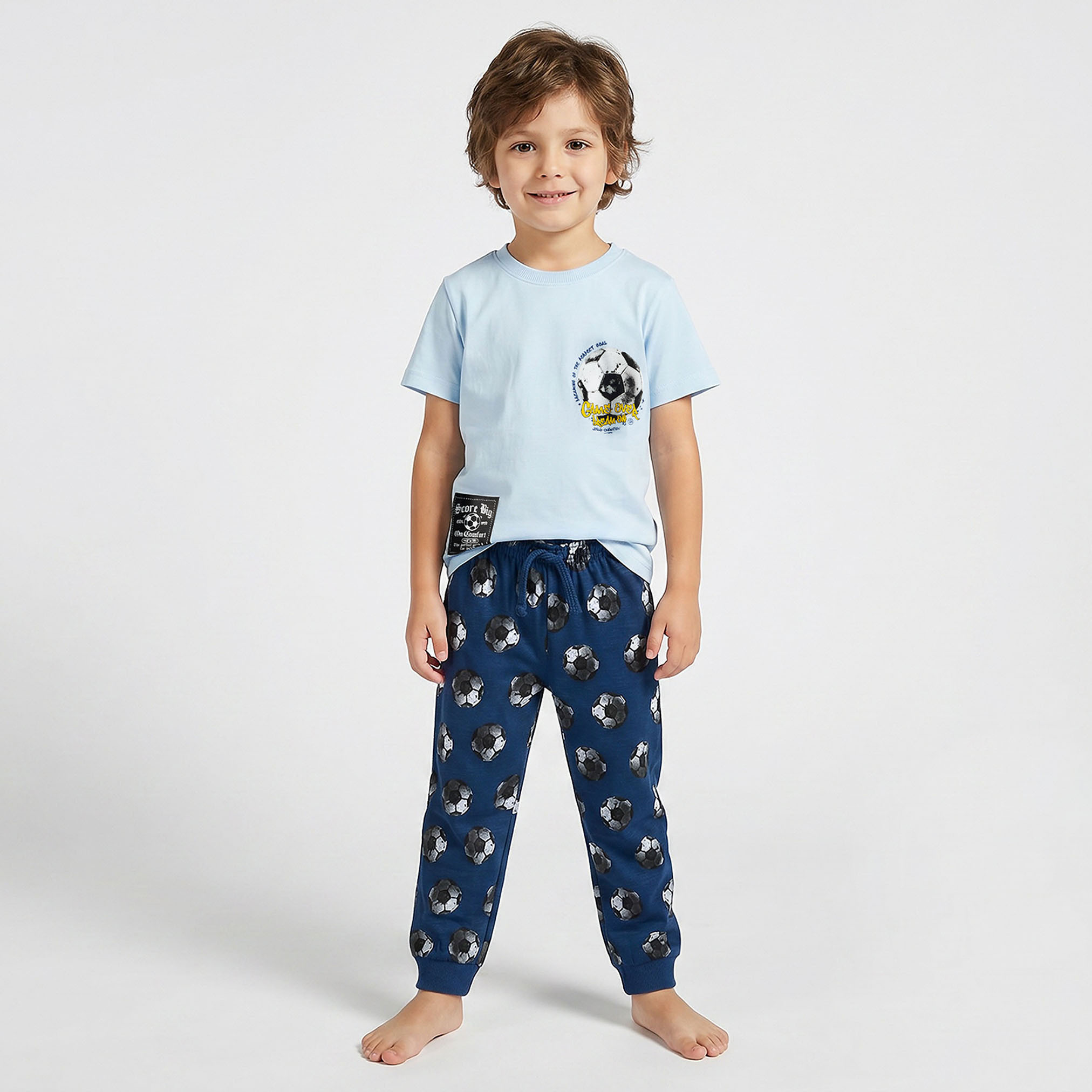 Juniors Cotton Crew Neck Short Sleeve Pyjama Set with Football Print-boys-clothing-nightwear-image-1