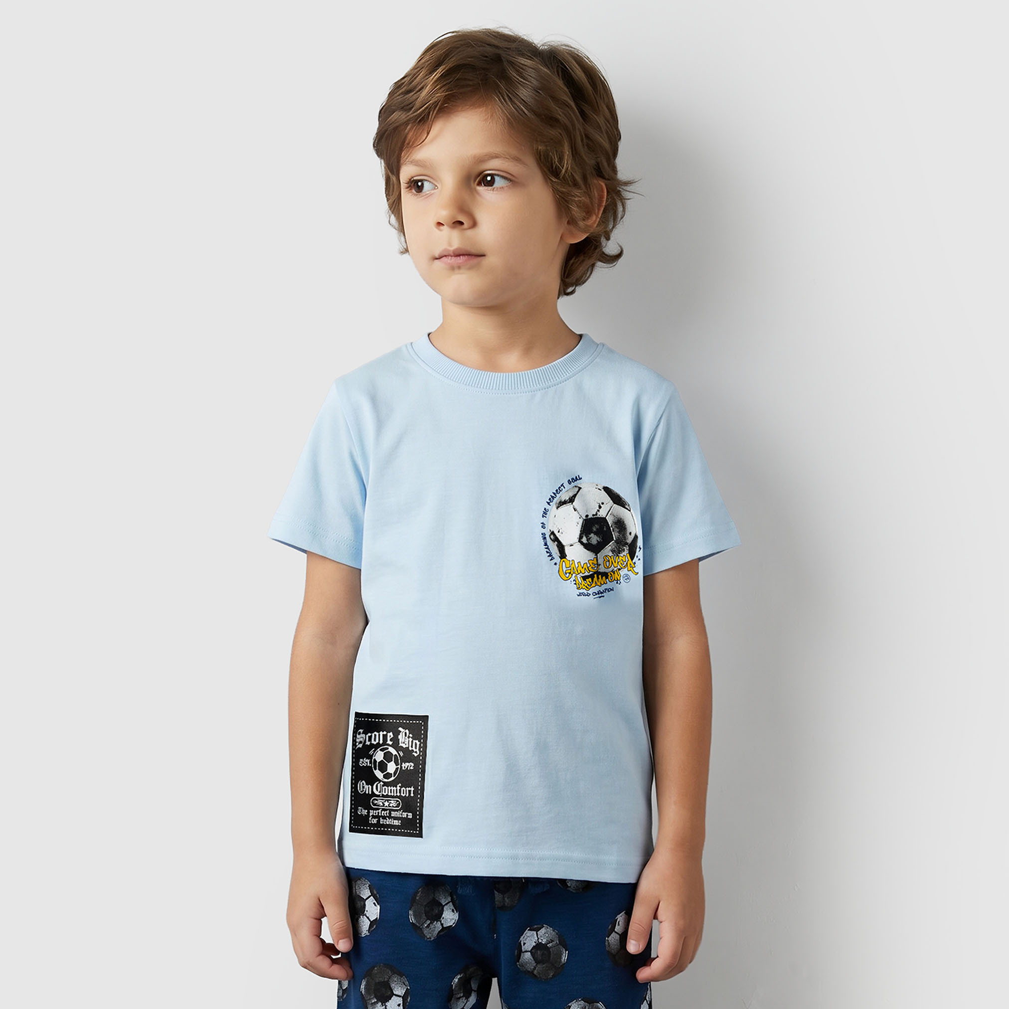 Juniors Cotton Crew Neck Short Sleeve Pyjama Set with Football Print-boys-clothing-nightwear-image-2