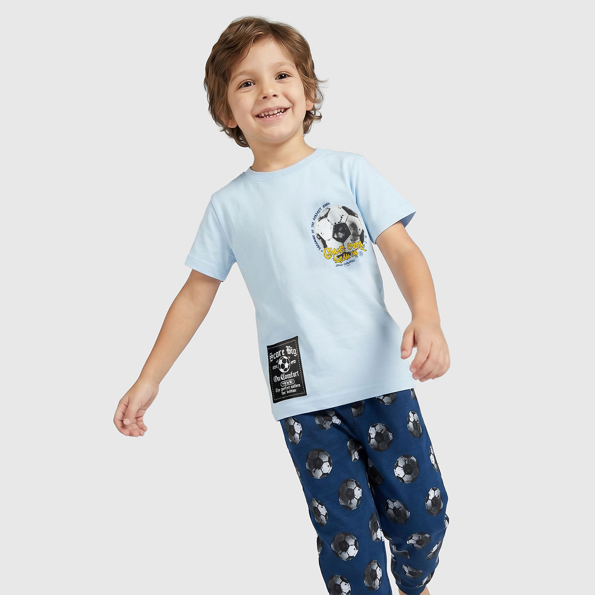 Juniors Cotton Crew Neck Short Sleeve Pyjama Set with Football Print-boys-clothing-nightwear-image-7
