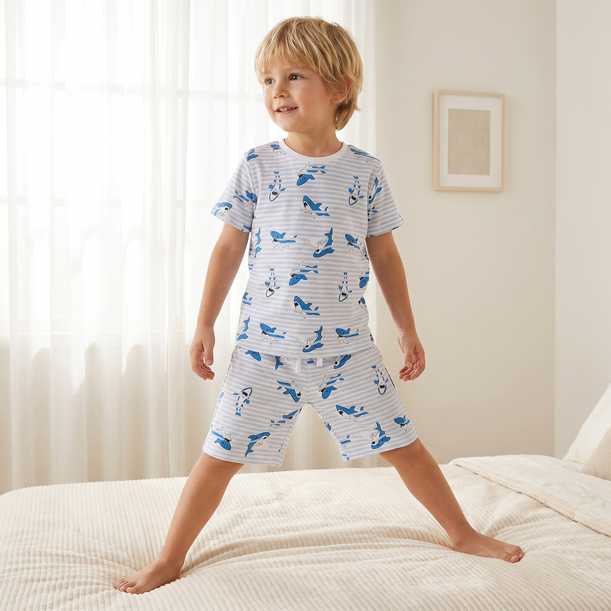 Juniors Cotton Crew Neck Short Sleeves Pyjama Set with Shark Print-boys-clothing-nightwear-image-1