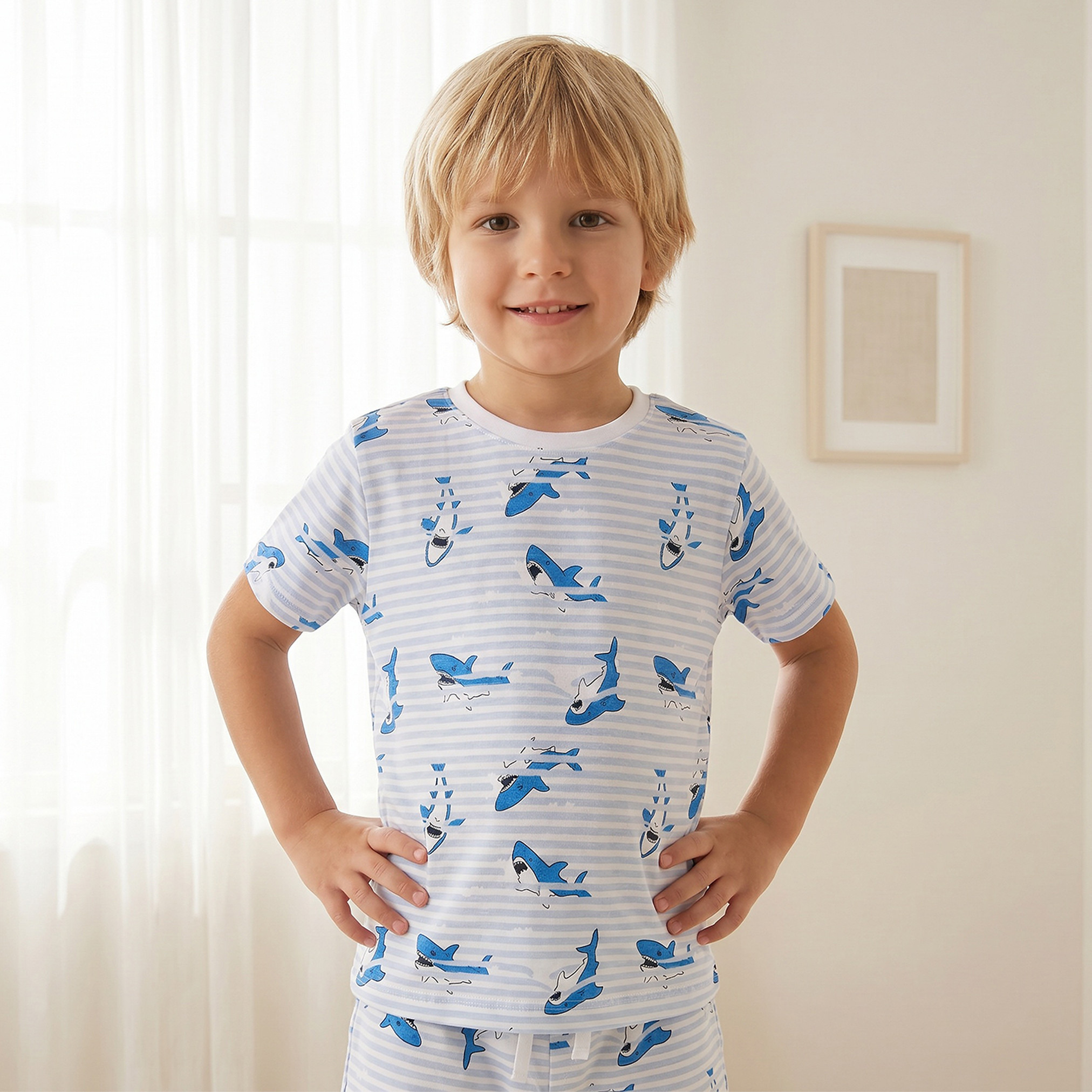 Juniors Cotton Crew Neck Short Sleeves Pyjama Set with Shark Print-boys-clothing-nightwear-image-2