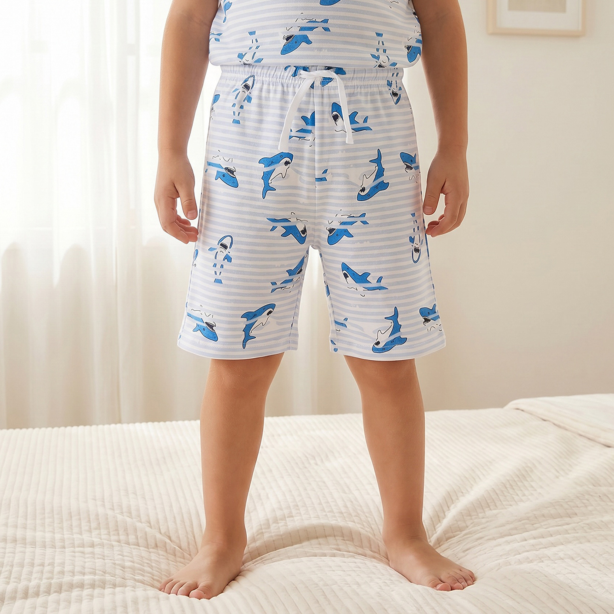 Juniors Cotton Crew Neck Short Sleeves Pyjama Set with Shark Print-boys-clothing-nightwear-image-3