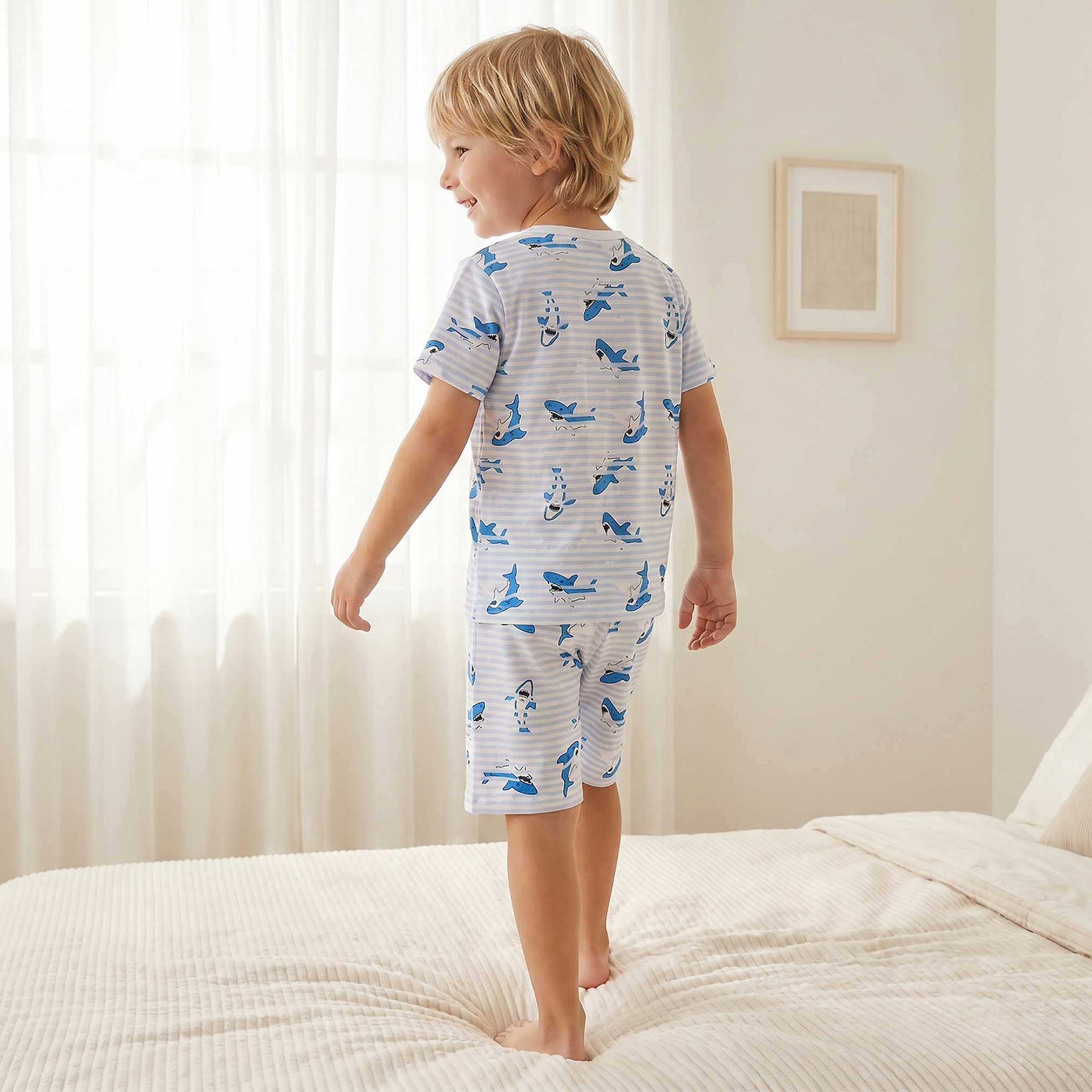 Juniors Cotton Crew Neck Short Sleeves Pyjama Set with Shark Print-boys-clothing-nightwear-image-4