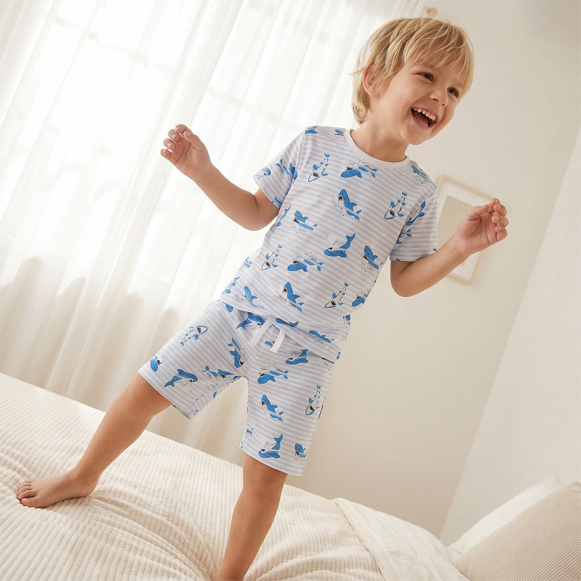 Juniors Cotton Crew Neck Short Sleeves Pyjama Set with Shark Print-boys-clothing-nightwear-image-7