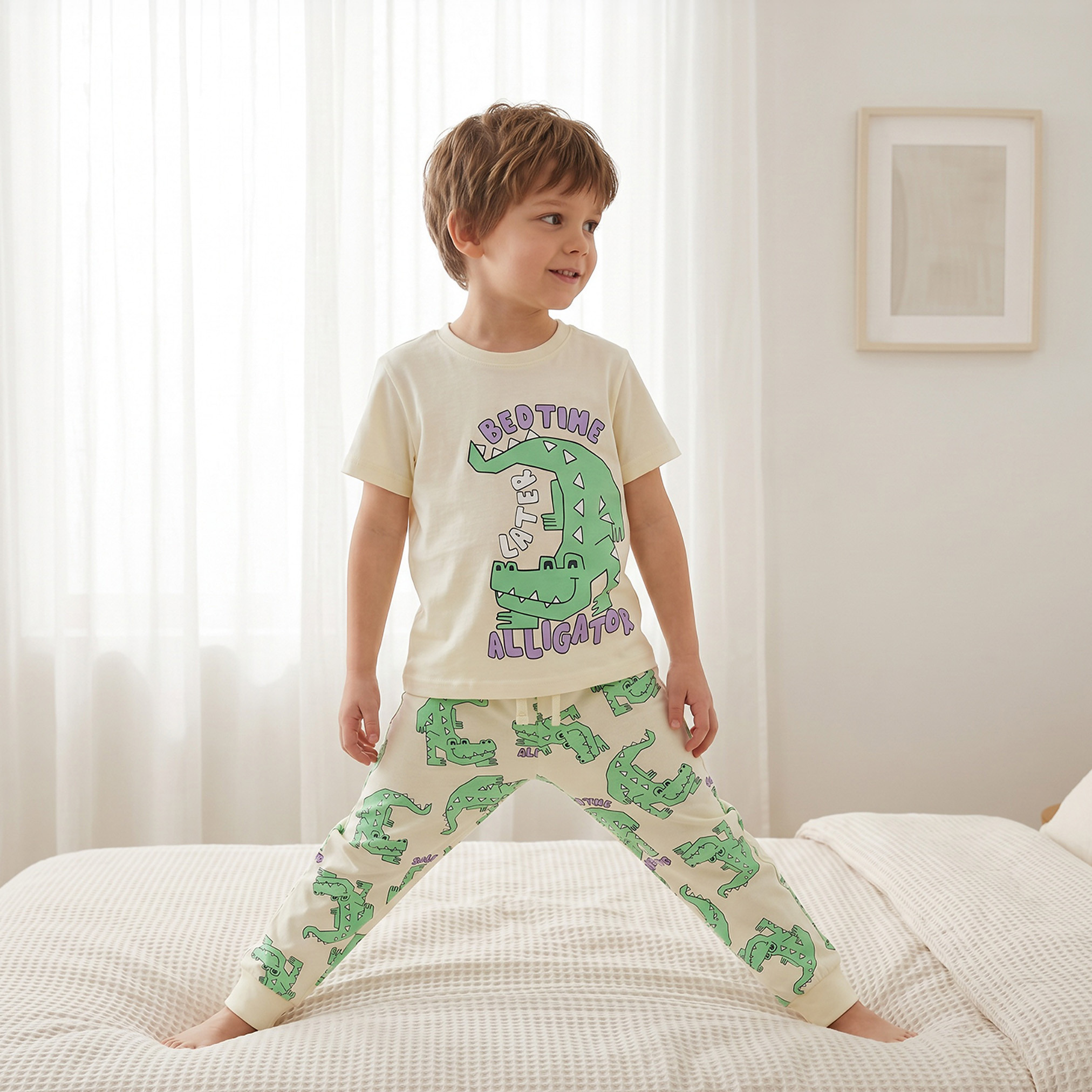 Juniors Cotton Crew Neck Short Sleeves Pyjama Set with Alligator Print-boys-clothing-nightwear-image-1