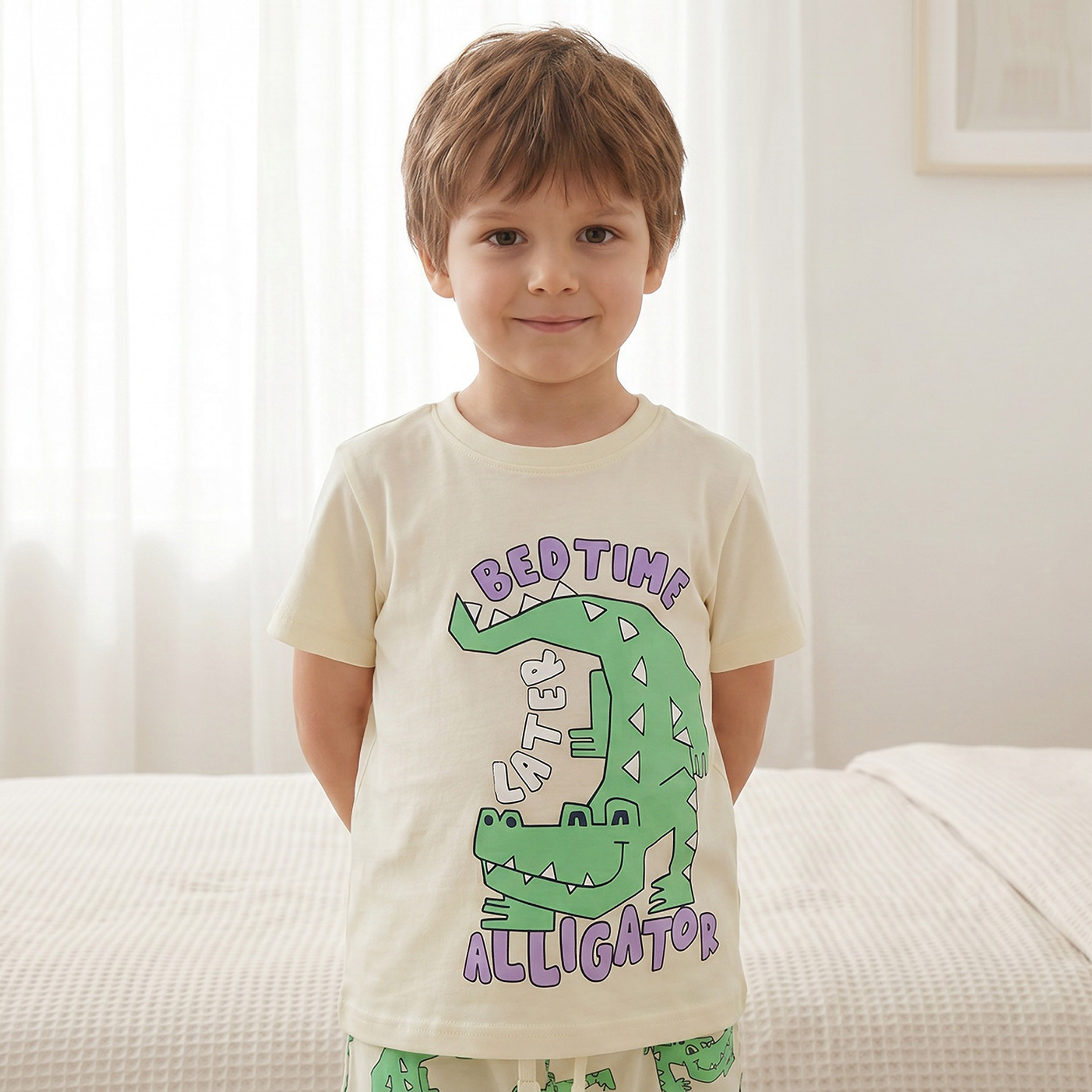 Juniors Cotton Crew Neck Short Sleeves Pyjama Set with Alligator Print-boys-clothing-nightwear-image-2