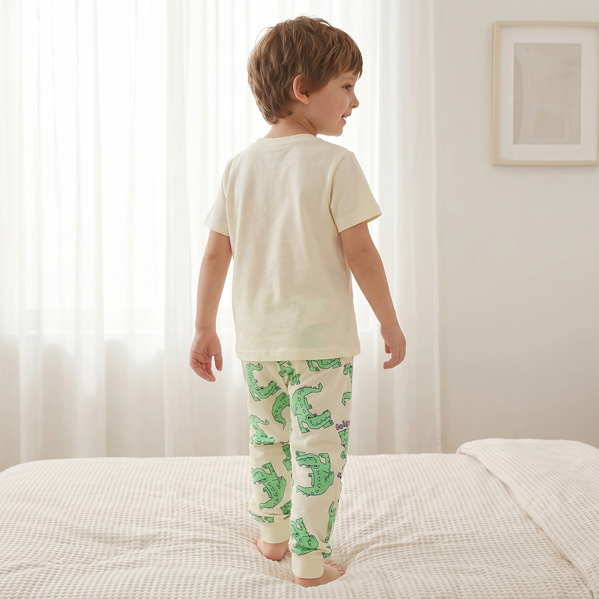 Juniors Cotton Crew Neck Short Sleeves Pyjama Set with Alligator Print-boys-clothing-nightwear-image-4