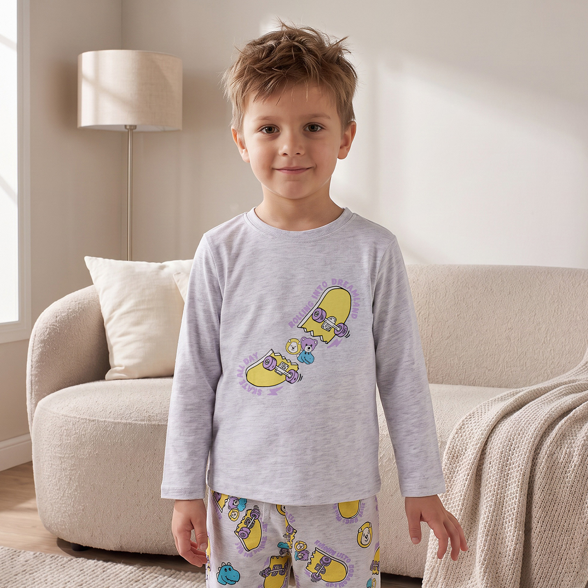 طقم بيجاما قطني بياقة مستديرة وأكمام طويلة بطبعة لوح تزلج من جونيورز-boys-clothing-nightwear-image-2