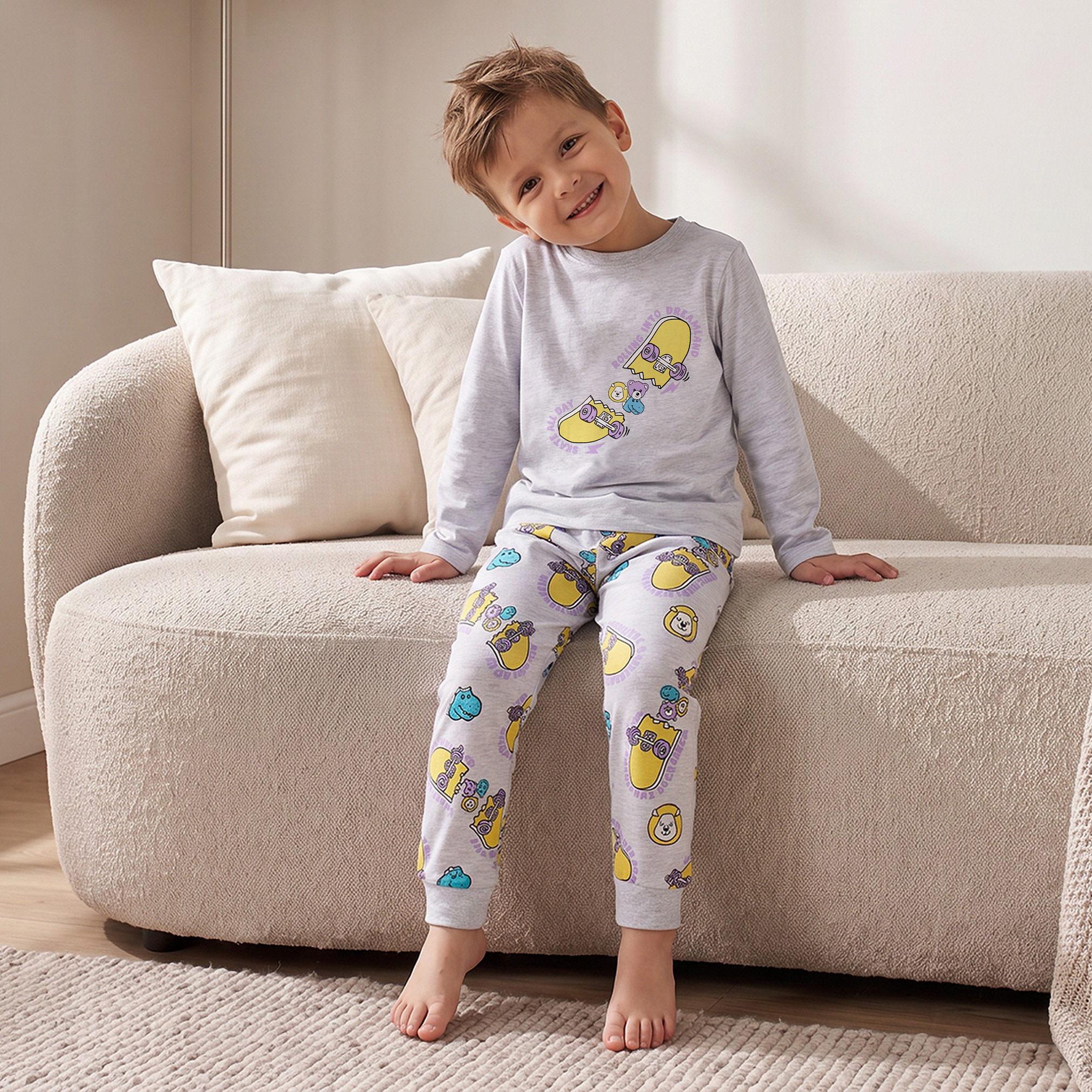 طقم بيجاما قطني بياقة مستديرة وأكمام طويلة بطبعة لوح تزلج من جونيورز-boys-clothing-nightwear-image-8