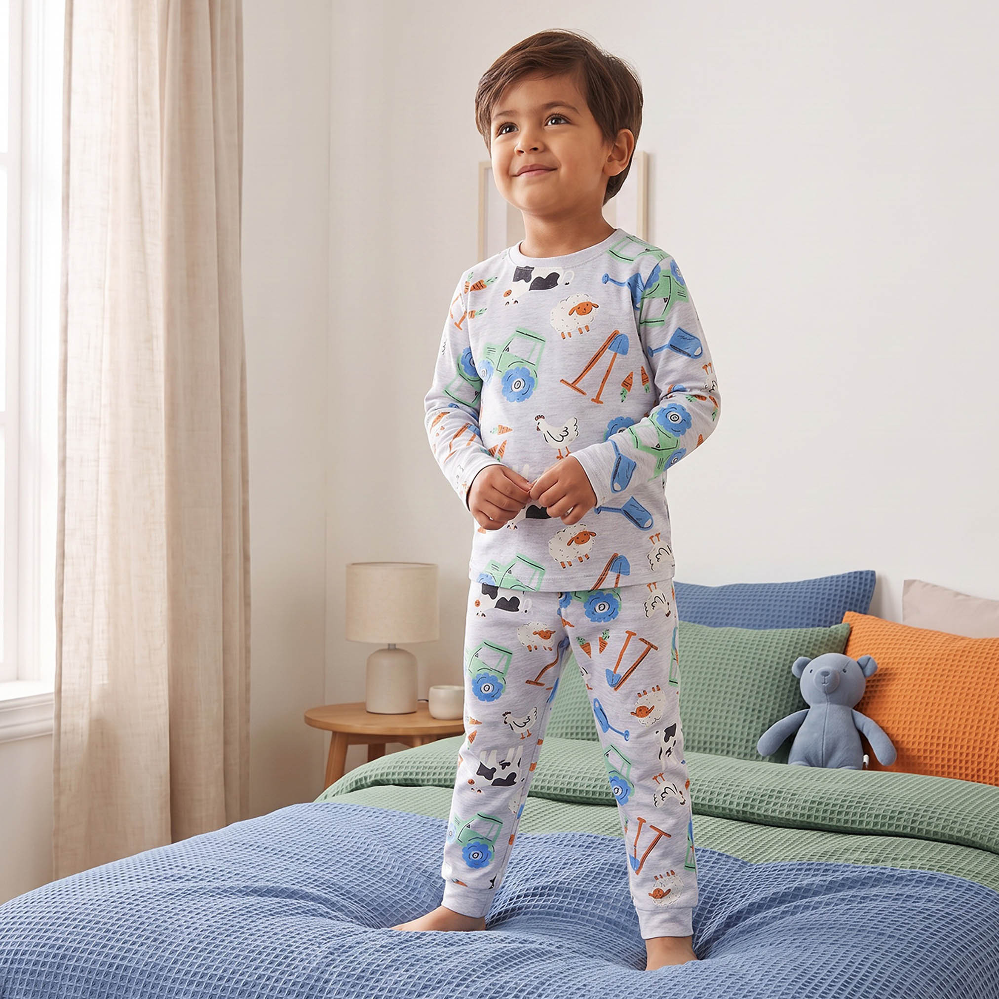 Juniors Cotton Crew Neck Long Sleeves Pyjama Set with Farm Print-boys-clothing-nightwear-image-1