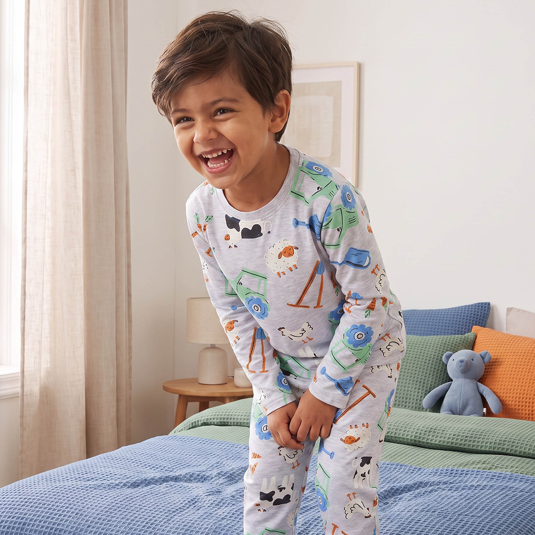 Juniors Cotton Crew Neck Long Sleeves Pyjama Set with Farm Print-boys-clothing-nightwear-image-2