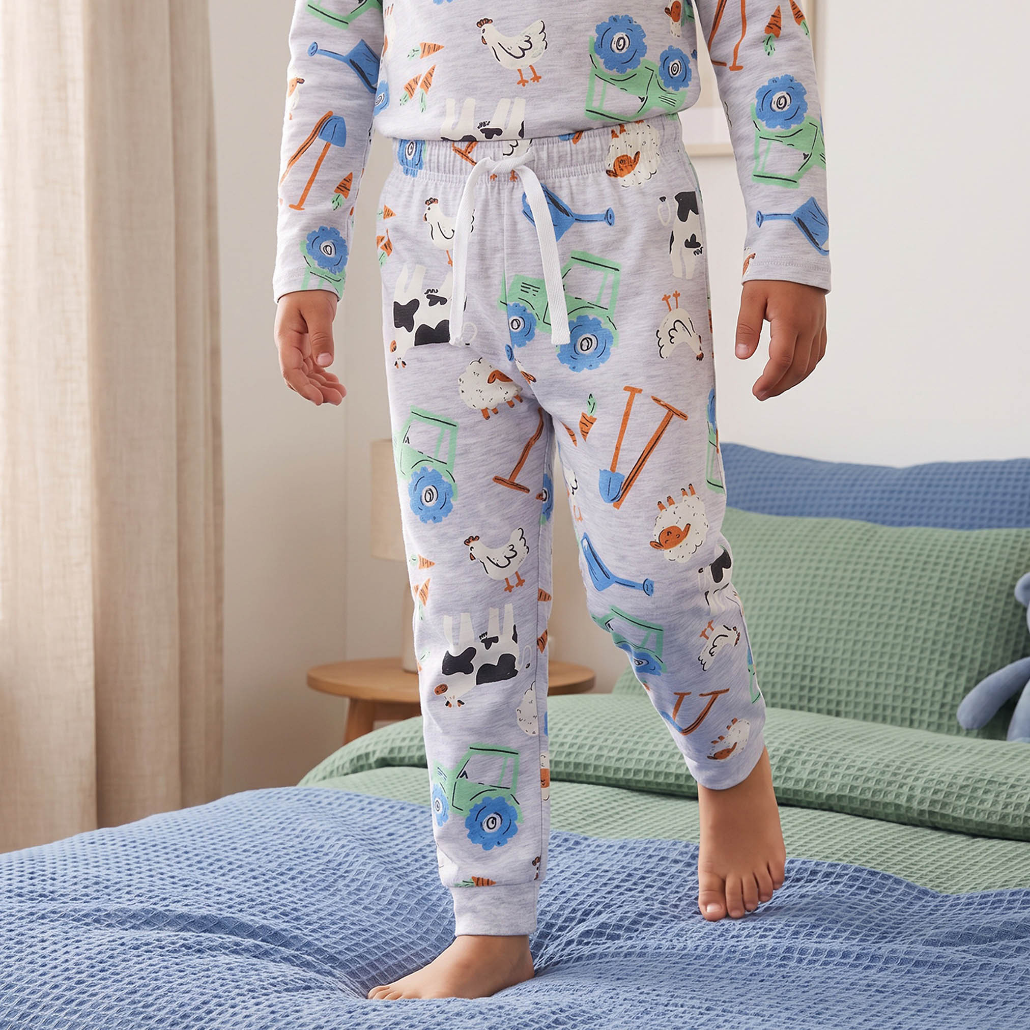 Juniors Cotton Crew Neck Long Sleeves Pyjama Set with Farm Print-boys-clothing-nightwear-image-3