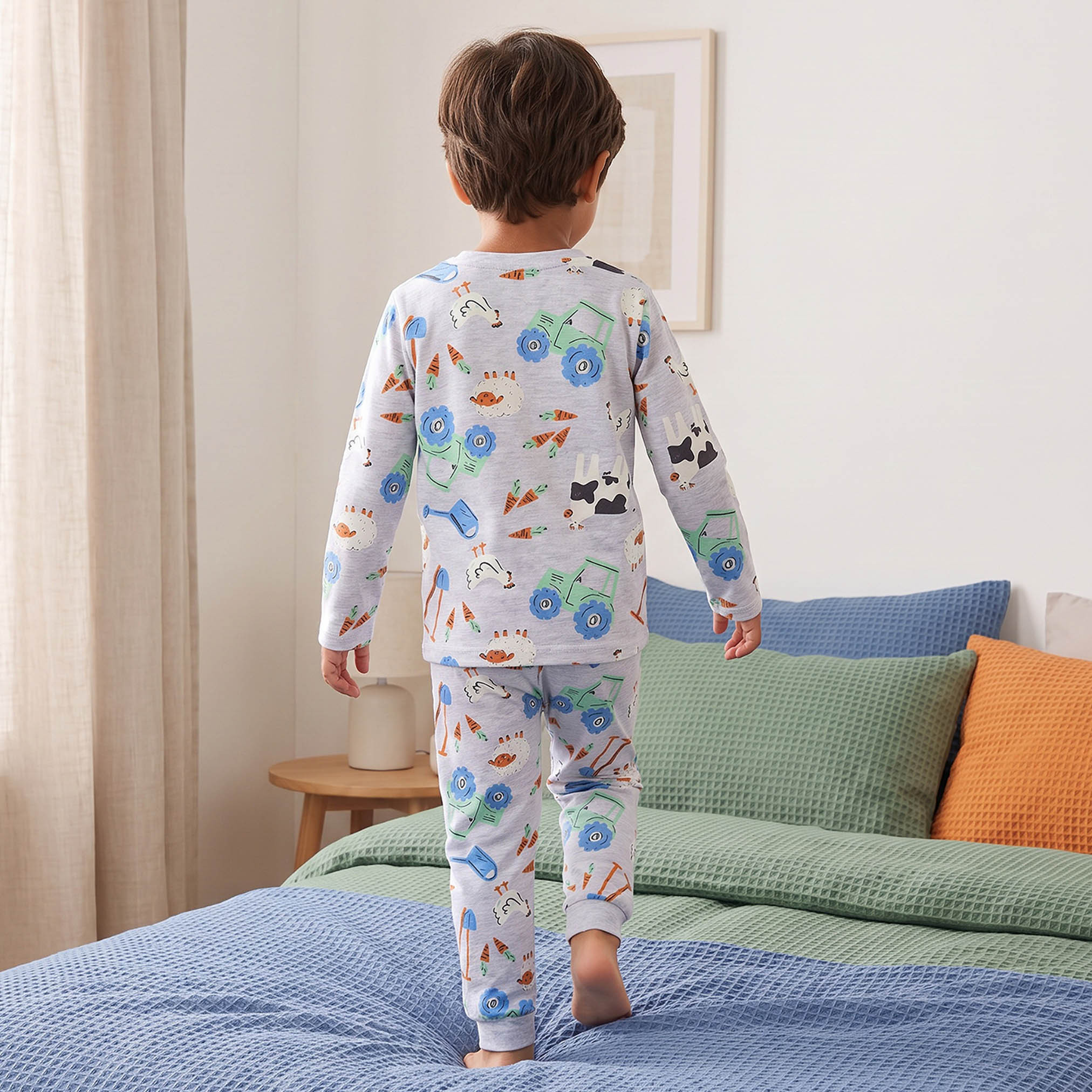 Juniors Cotton Crew Neck Long Sleeves Pyjama Set with Farm Print-boys-clothing-nightwear-image-4