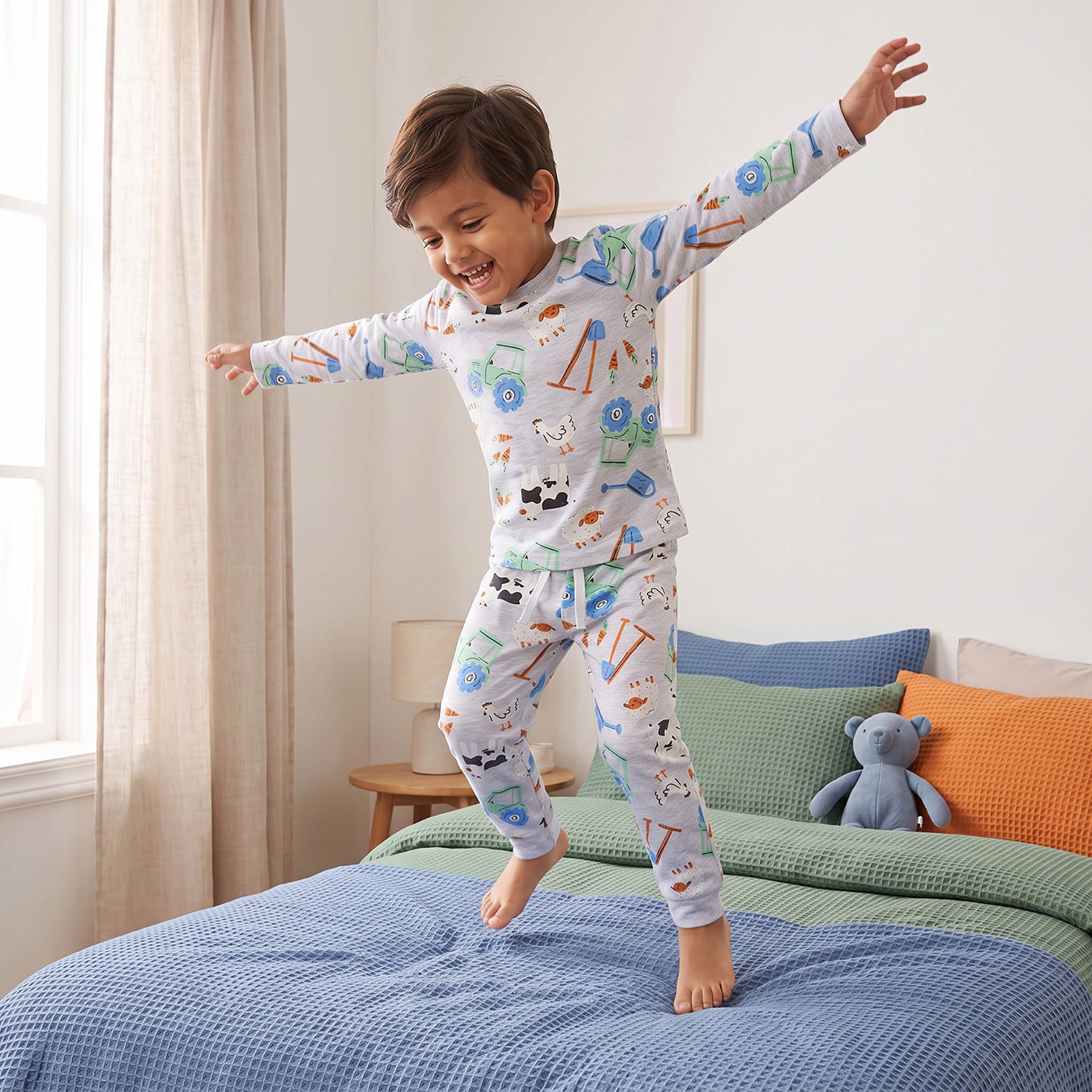 Juniors Cotton Crew Neck Long Sleeves Pyjama Set with Farm Print-boys-clothing-nightwear-image-5