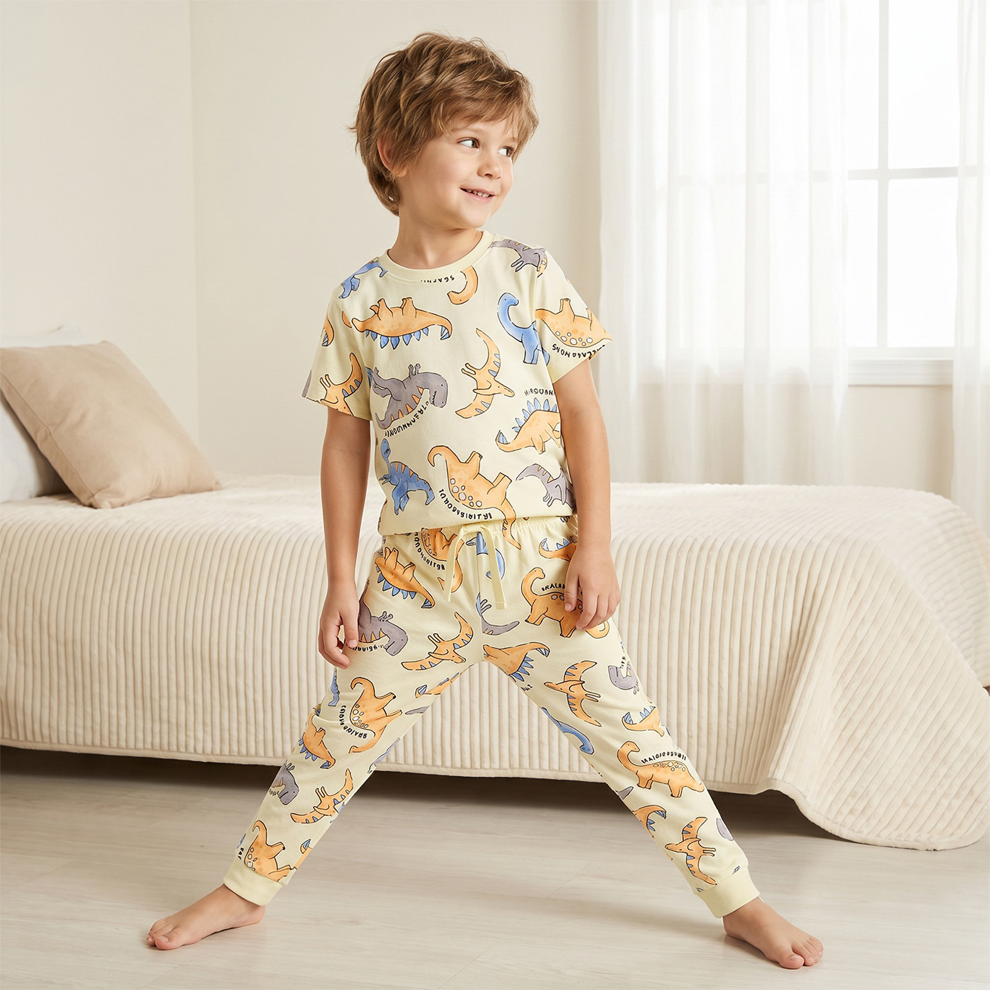Juniors Cotton Crew Neck Short Sleeves Pyjama Set with Dinosaur Print-boys-clothing-nightwear-image-1