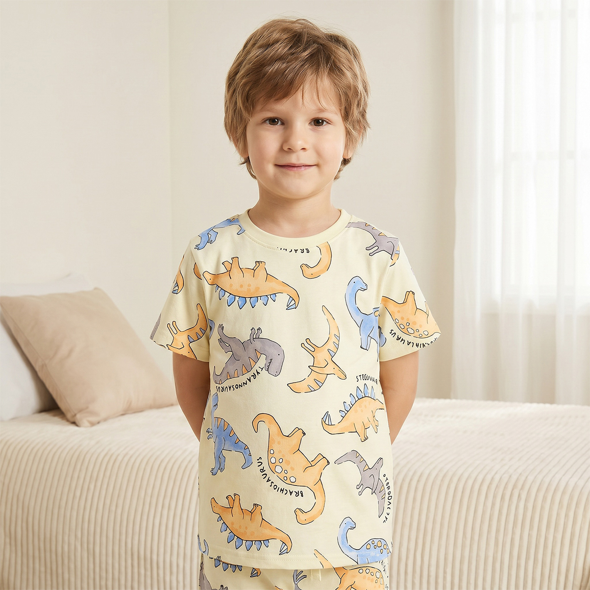 Juniors Cotton Crew Neck Short Sleeves Pyjama Set with Dinosaur Print-boys-clothing-nightwear-image-2