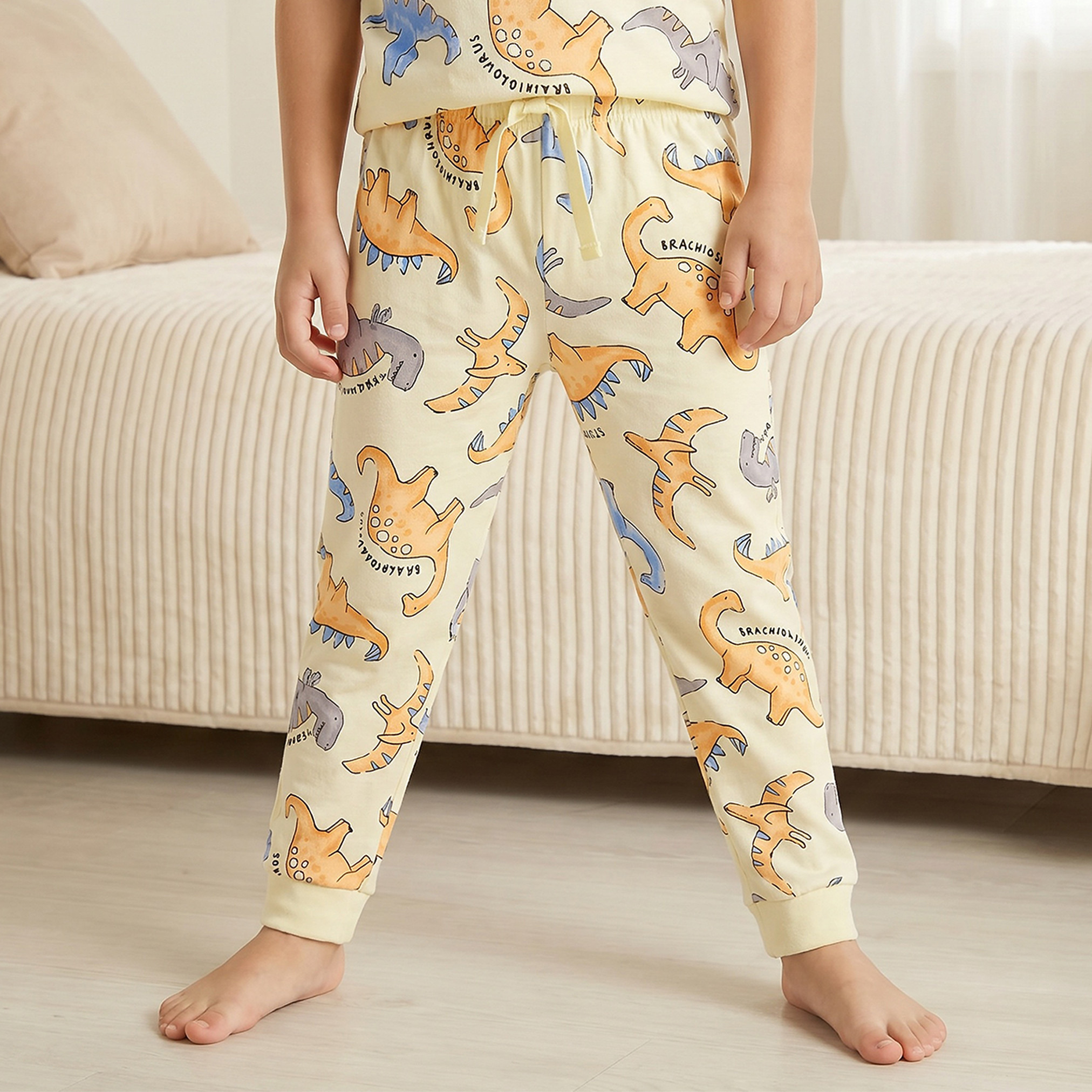 Juniors Cotton Crew Neck Short Sleeves Pyjama Set with Dinosaur Print-boys-clothing-nightwear-image-3