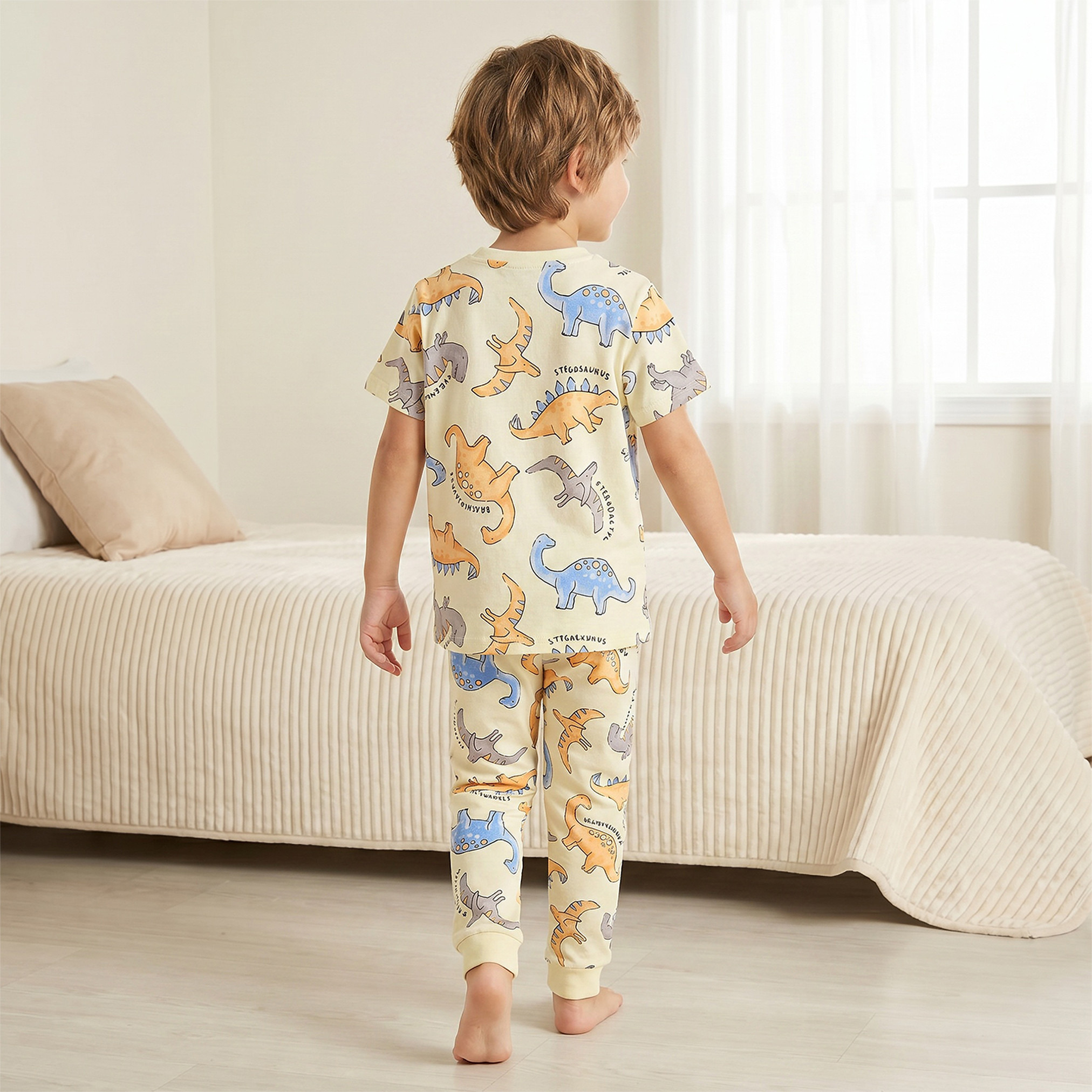 Juniors Cotton Crew Neck Short Sleeves Pyjama Set with Dinosaur Print-boys-clothing-nightwear-image-4