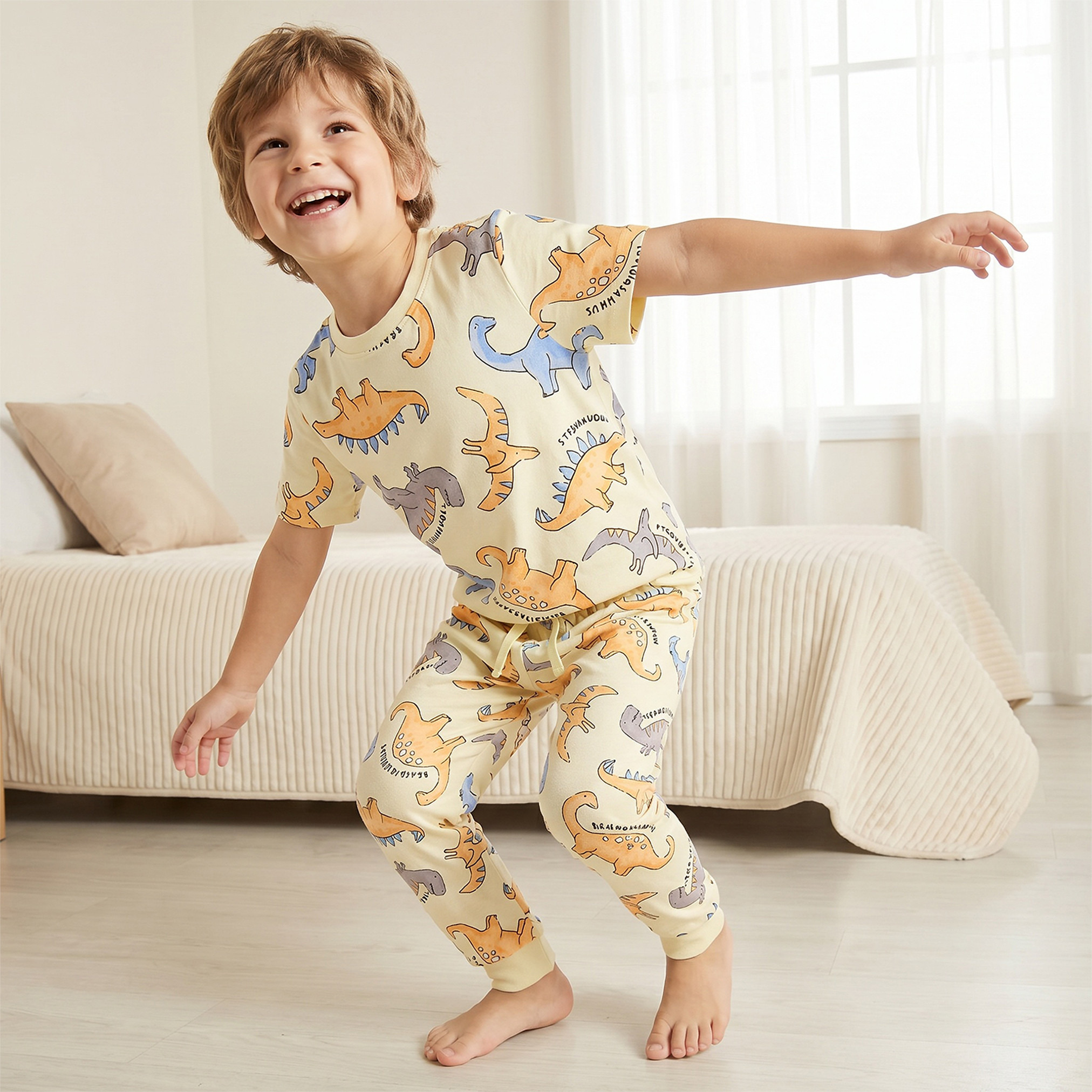 Juniors Cotton Crew Neck Short Sleeves Pyjama Set with Dinosaur Print-boys-clothing-nightwear-image-8