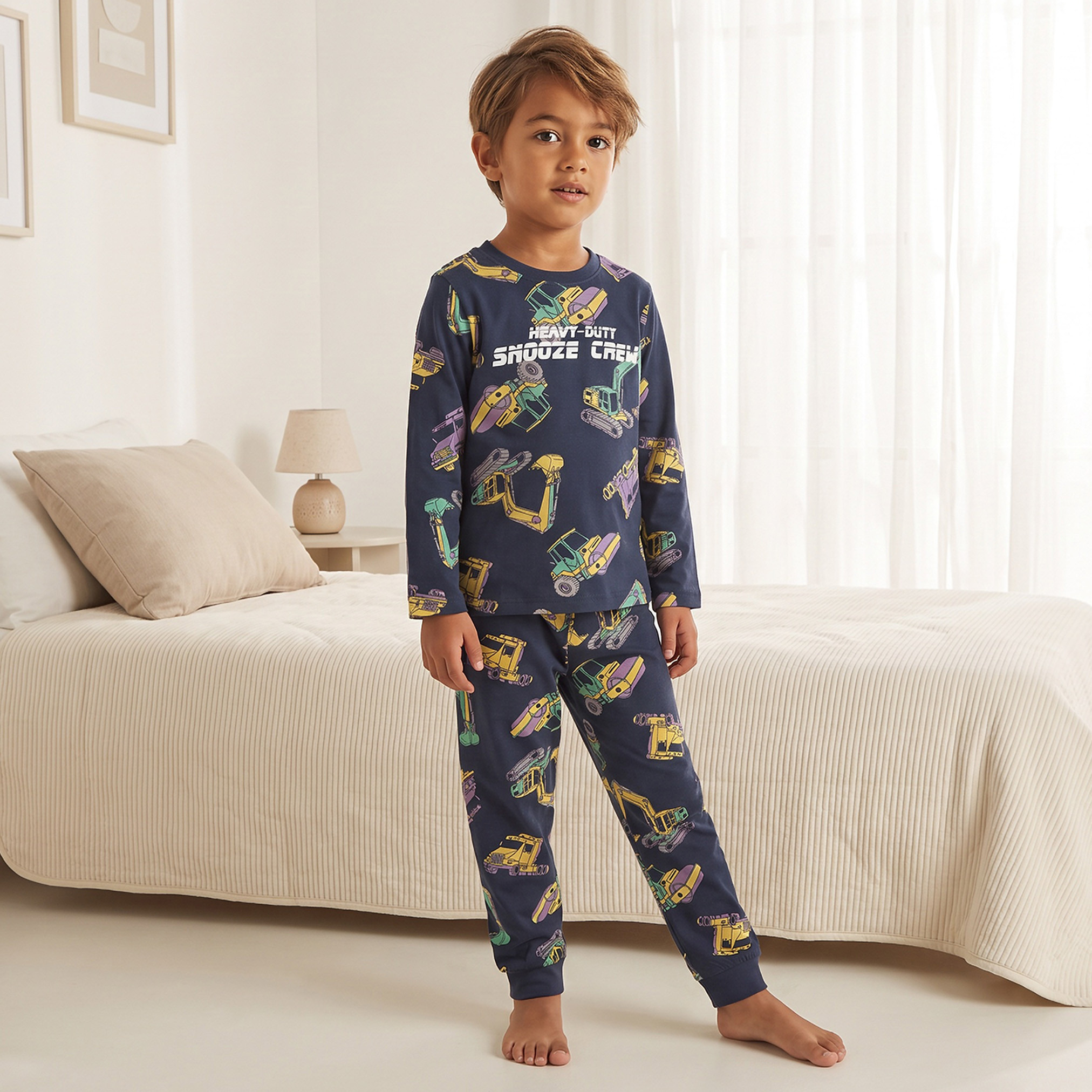 Juniors Cotton Crew Neck Long Sleeves Pyjama Set with Construction Vehicle Print-boys-clothing-nightwear-image-1