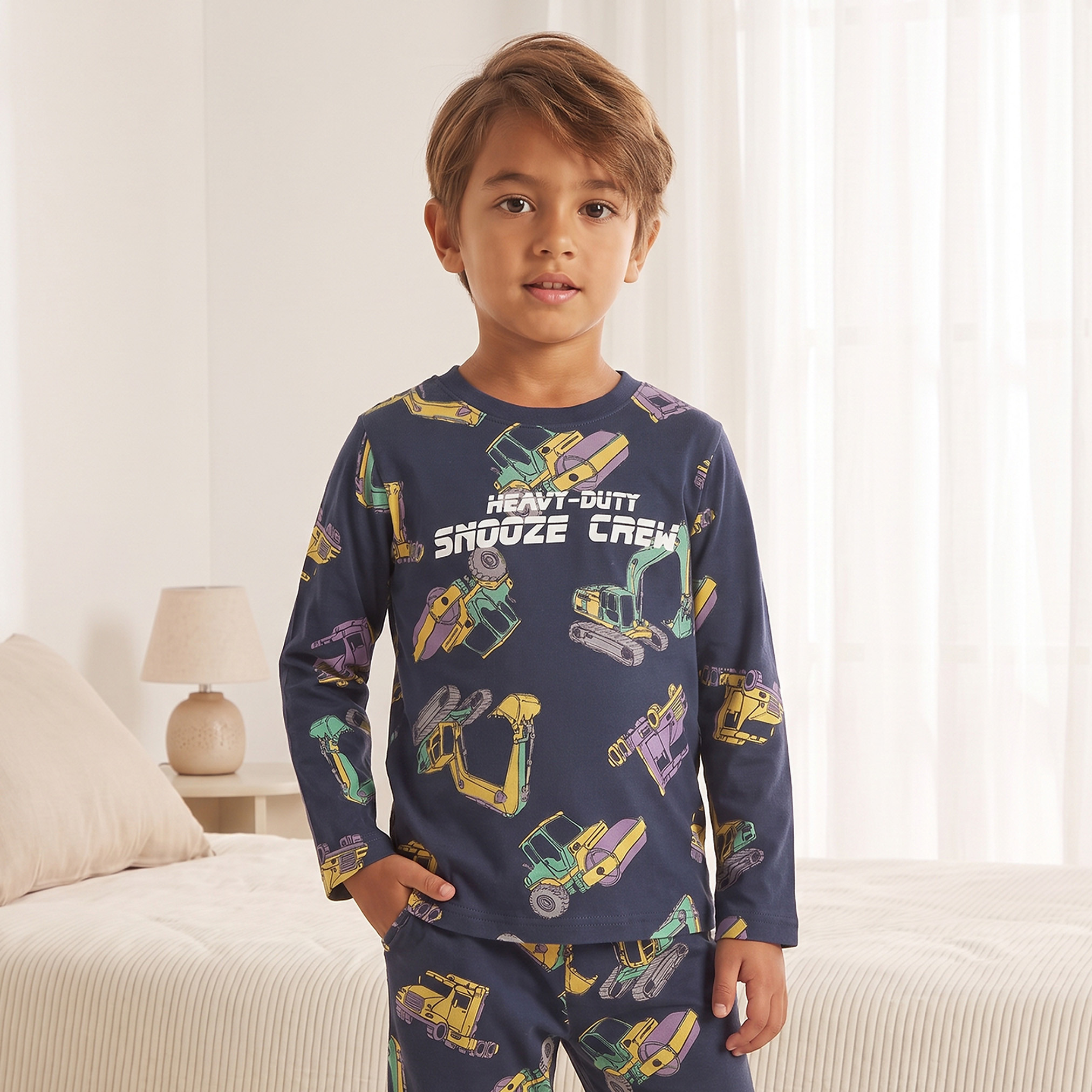 Juniors Cotton Crew Neck Long Sleeves Pyjama Set with Construction Vehicle Print-boys-clothing-nightwear-image-2