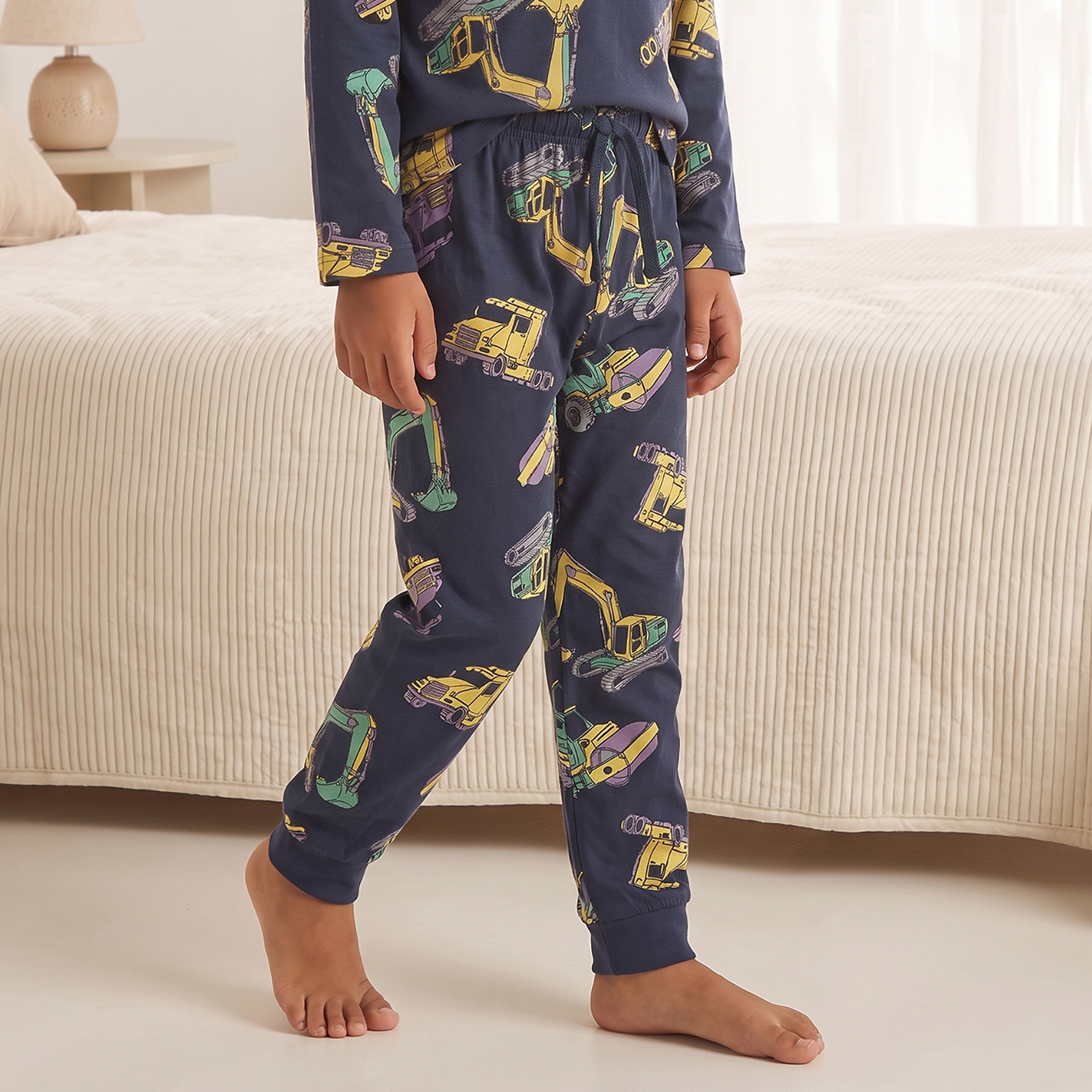 Juniors Cotton Crew Neck Long Sleeves Pyjama Set with Construction Vehicle Print-boys-clothing-nightwear-image-3