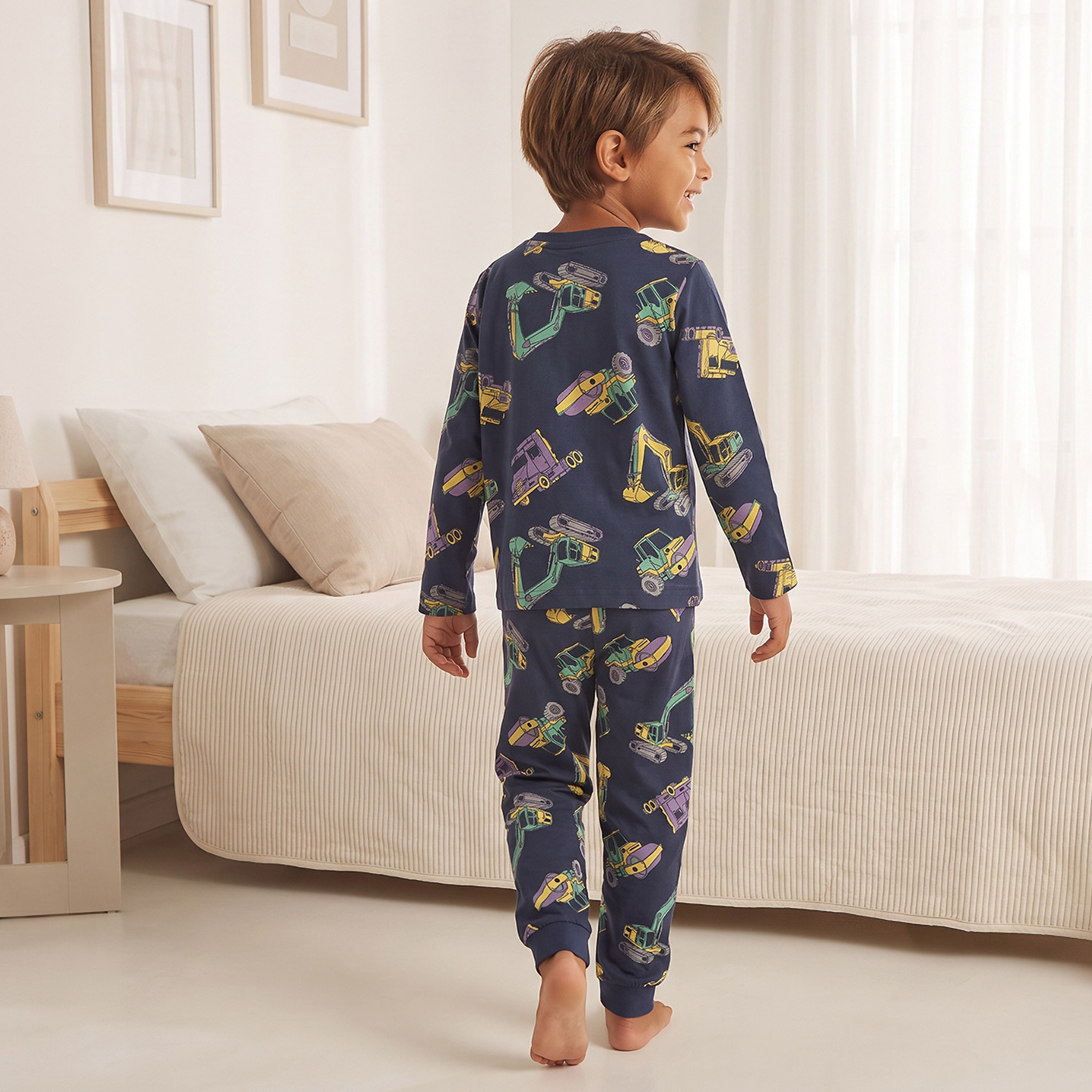 Juniors Cotton Crew Neck Long Sleeves Pyjama Set with Construction Vehicle Print-boys-clothing-nightwear-image-4