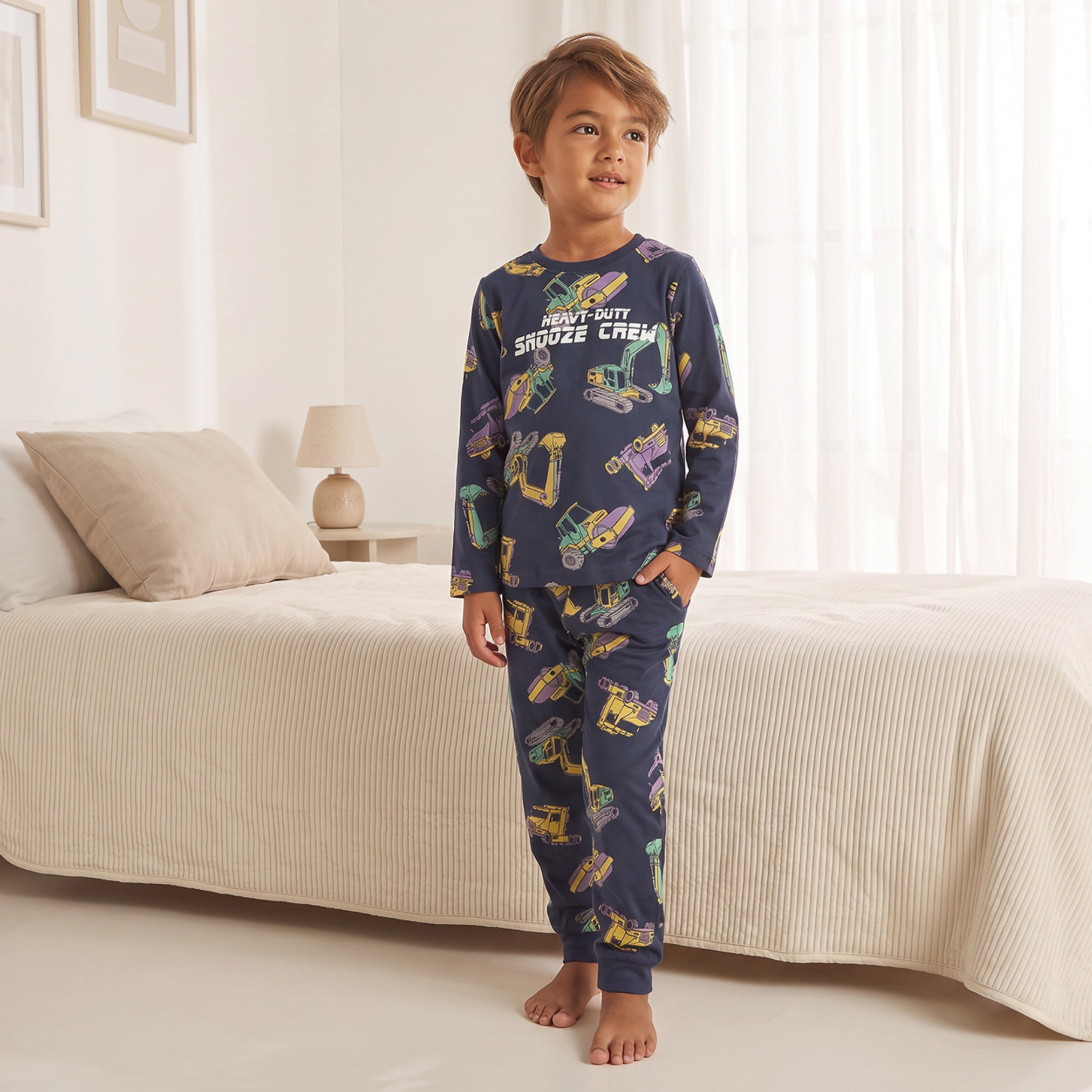 Juniors Cotton Crew Neck Long Sleeves Pyjama Set with Construction Vehicle Print-boys-clothing-nightwear-image-5