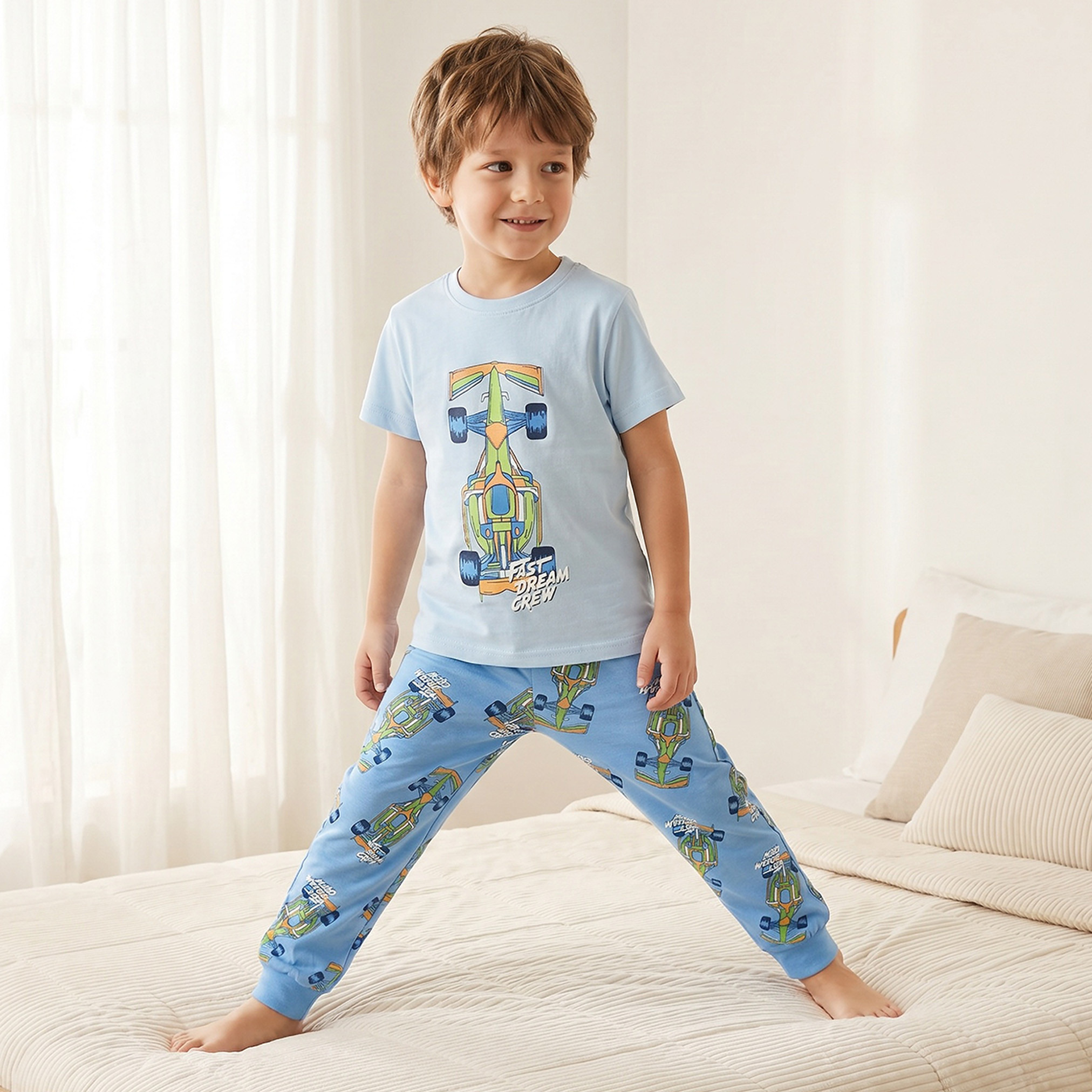 Juniors Cotton Crew Neck Short Sleeves Pyjama Set with Racing Car Print-boys-clothing-nightwear-image-1