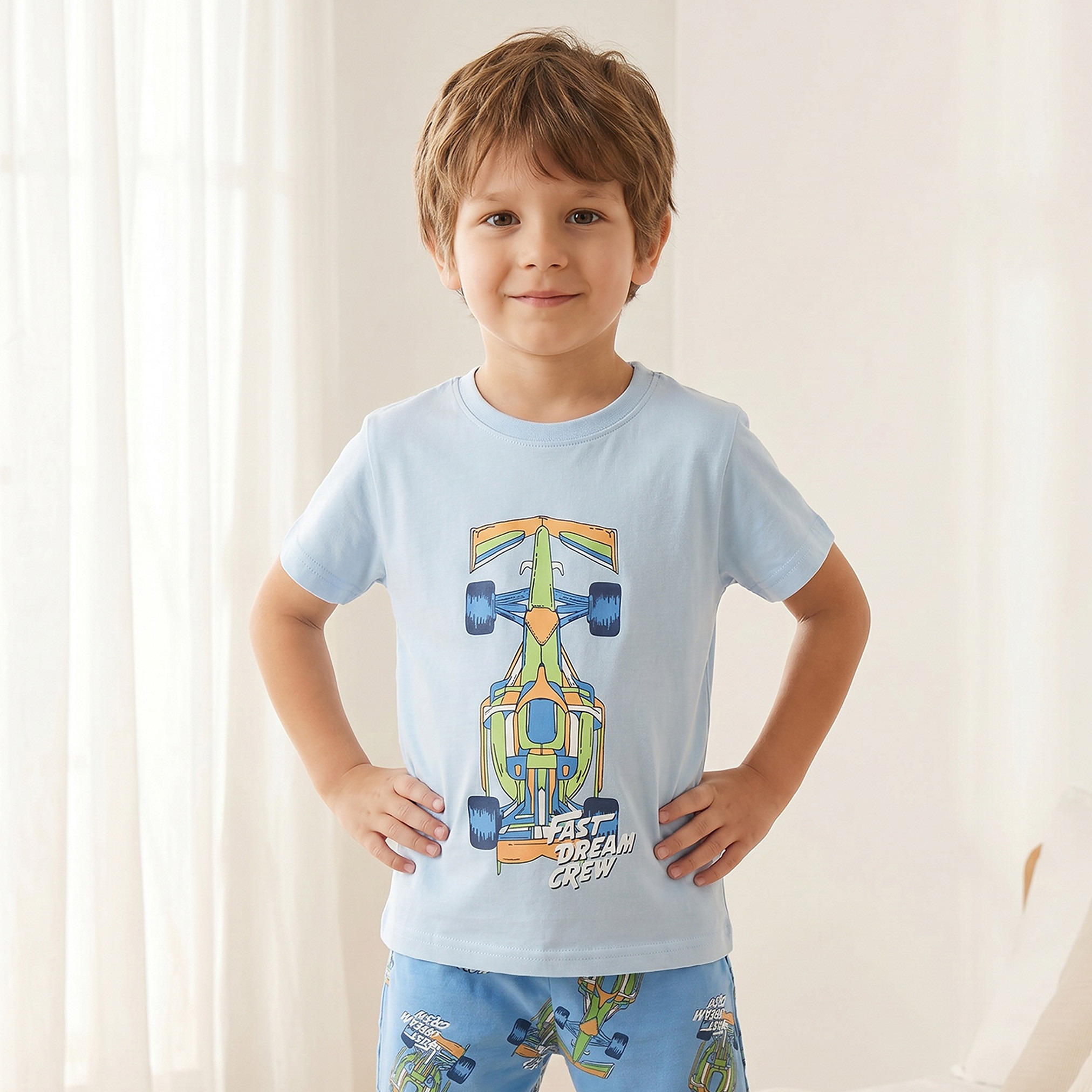Juniors Cotton Crew Neck Short Sleeves Pyjama Set with Racing Car Print-boys-clothing-nightwear-image-2