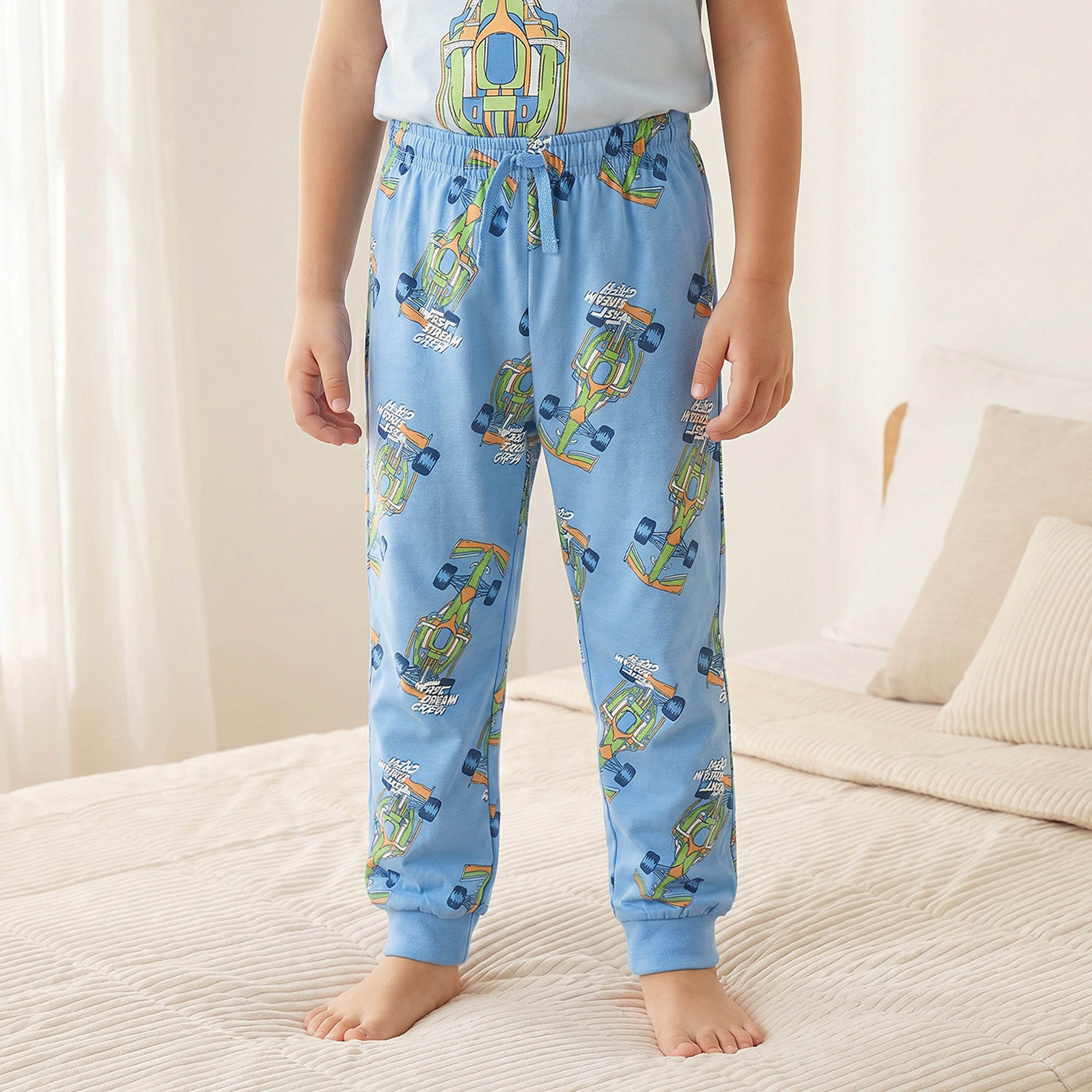 Juniors Cotton Crew Neck Short Sleeves Pyjama Set with Racing Car Print-boys-clothing-nightwear-image-3