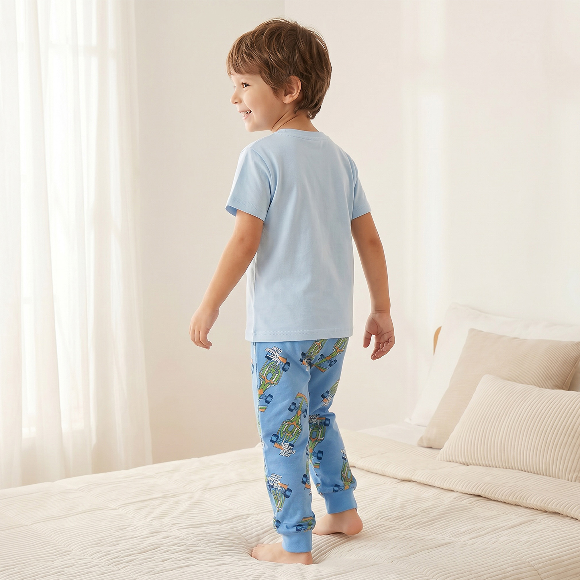 Juniors Cotton Crew Neck Short Sleeves Pyjama Set with Racing Car Print-boys-clothing-nightwear-image-4