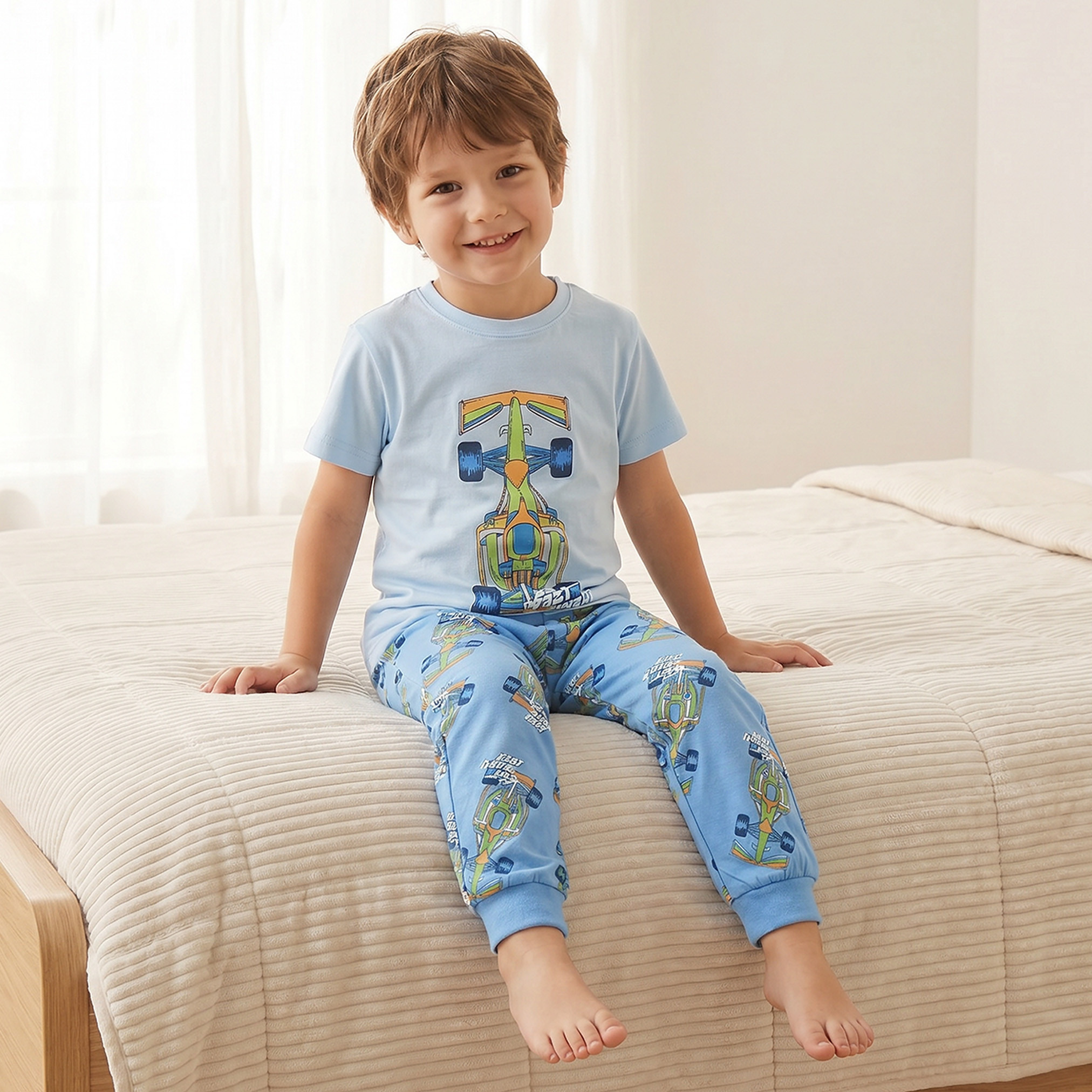 Juniors Cotton Crew Neck Short Sleeves Pyjama Set with Racing Car Print-boys-clothing-nightwear-image-7