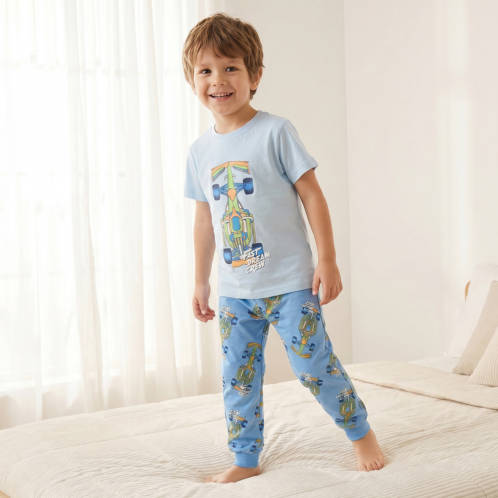 Juniors Cotton Crew Neck Short Sleeves Pyjama Set with Racing Car Print-boys-clothing-nightwear-image-8