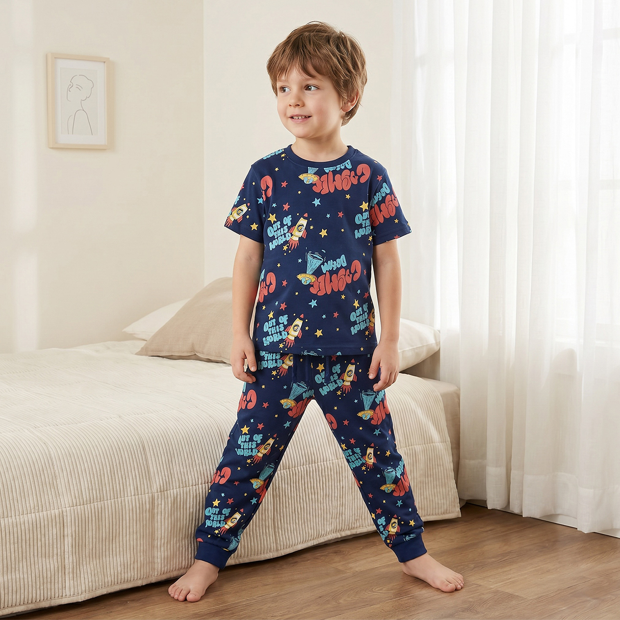 Juniors Cotton Crew Neck Short Sleeves Pyjama Set with Space Print-boys-clothing-nightwear-image-1