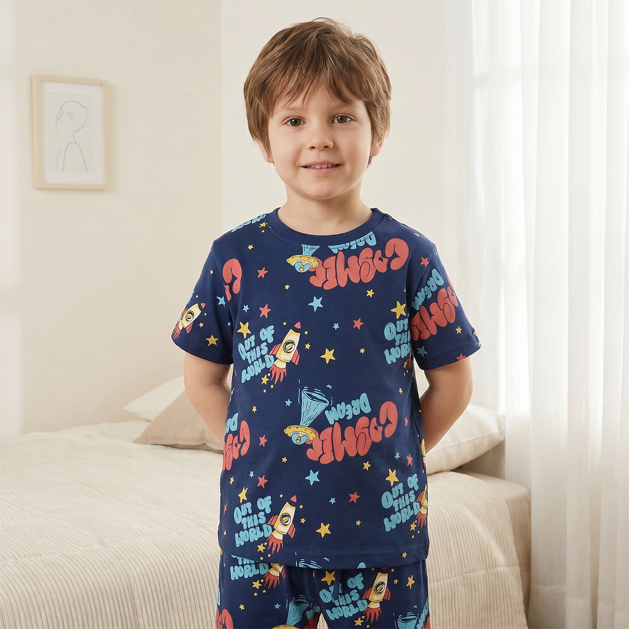 Juniors Cotton Crew Neck Short Sleeves Pyjama Set with Space Print-boys-clothing-nightwear-image-2