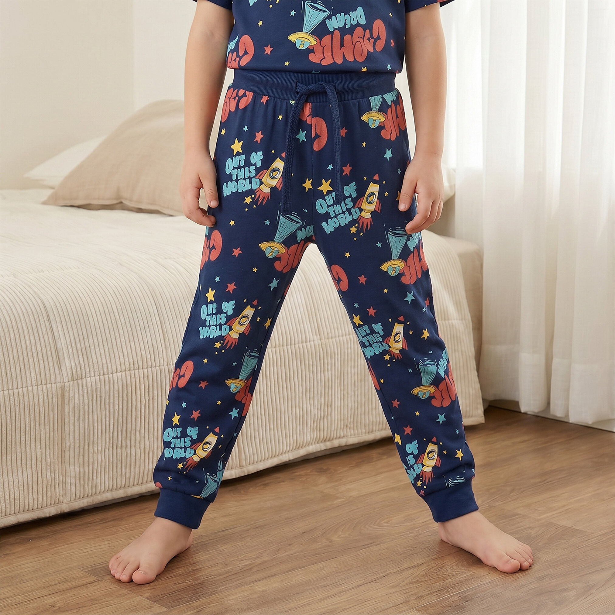 Juniors Cotton Crew Neck Short Sleeves Pyjama Set with Space Print-boys-clothing-nightwear-image-3