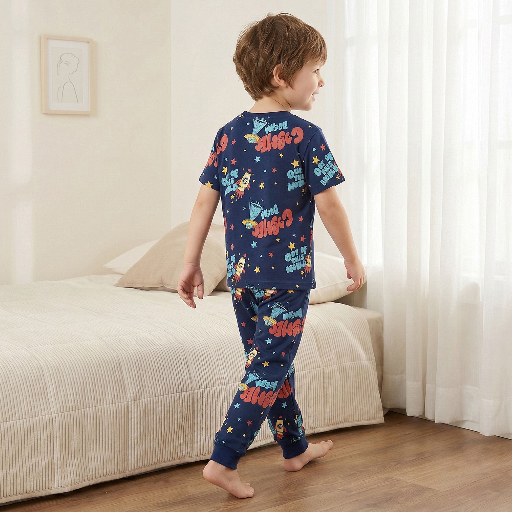 Juniors Cotton Crew Neck Short Sleeves Pyjama Set with Space Print-boys-clothing-nightwear-image-4