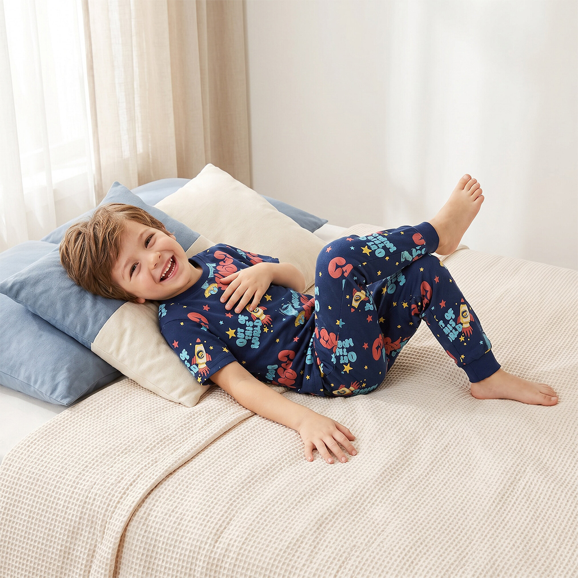 Juniors Cotton Crew Neck Short Sleeves Pyjama Set with Space Print-boys-clothing-nightwear-image-7