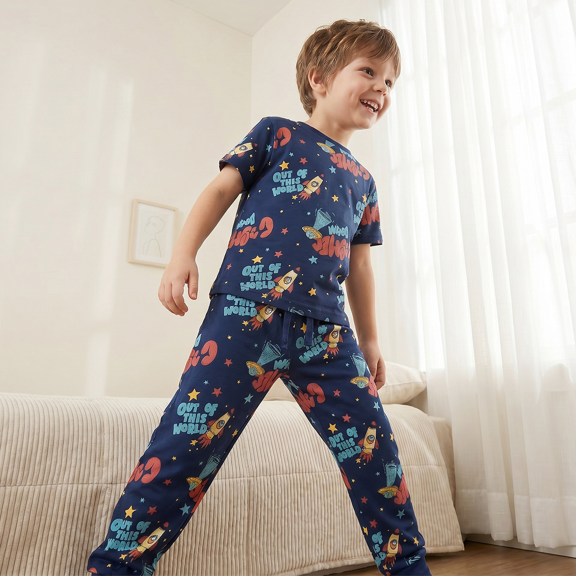Juniors Cotton Crew Neck Short Sleeves Pyjama Set with Space Print-boys-clothing-nightwear-image-8