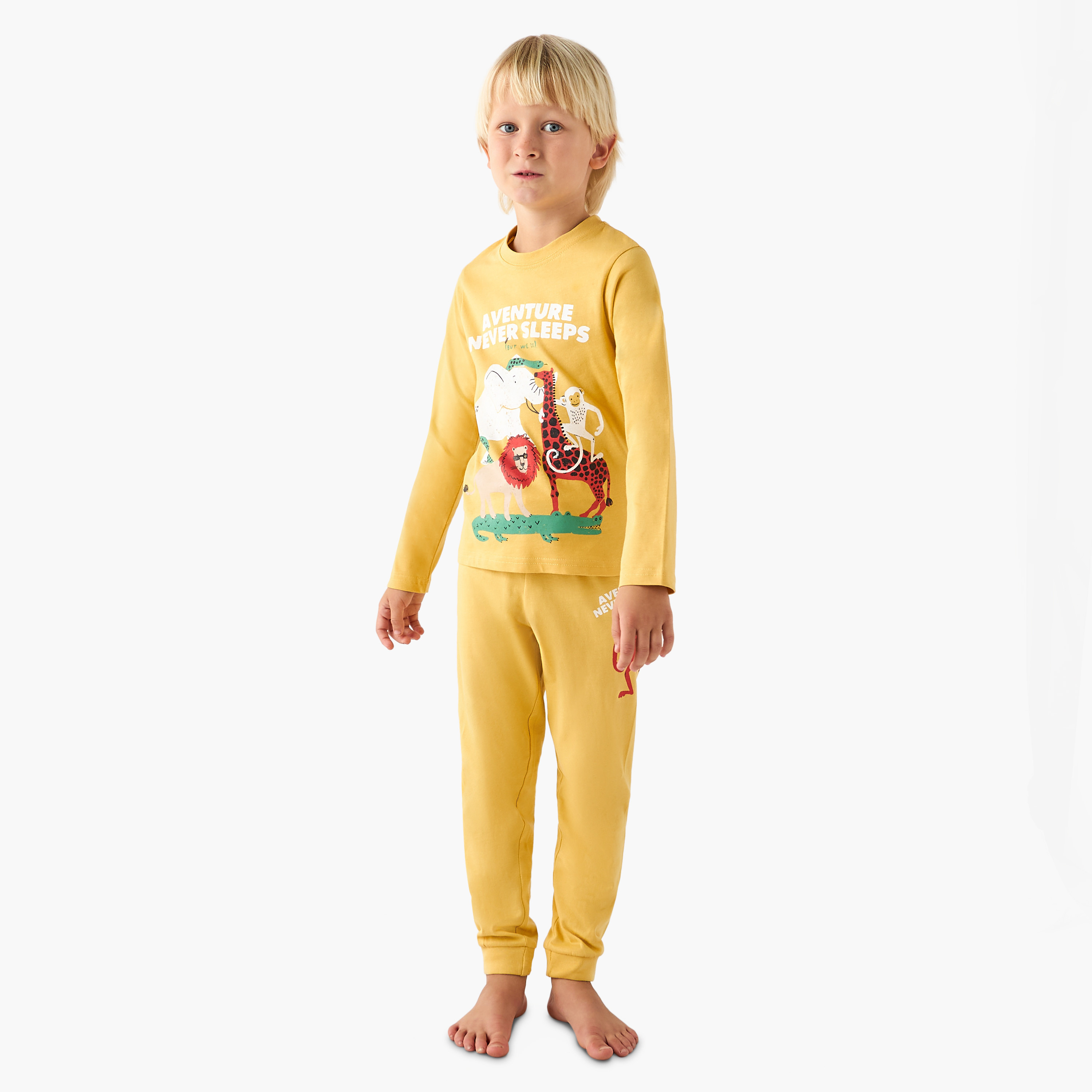 Juniors Cotton Crew Neck Long Sleeves Pyjama Set with Wild Animal Print-boys-clothing-nightwear-image-1