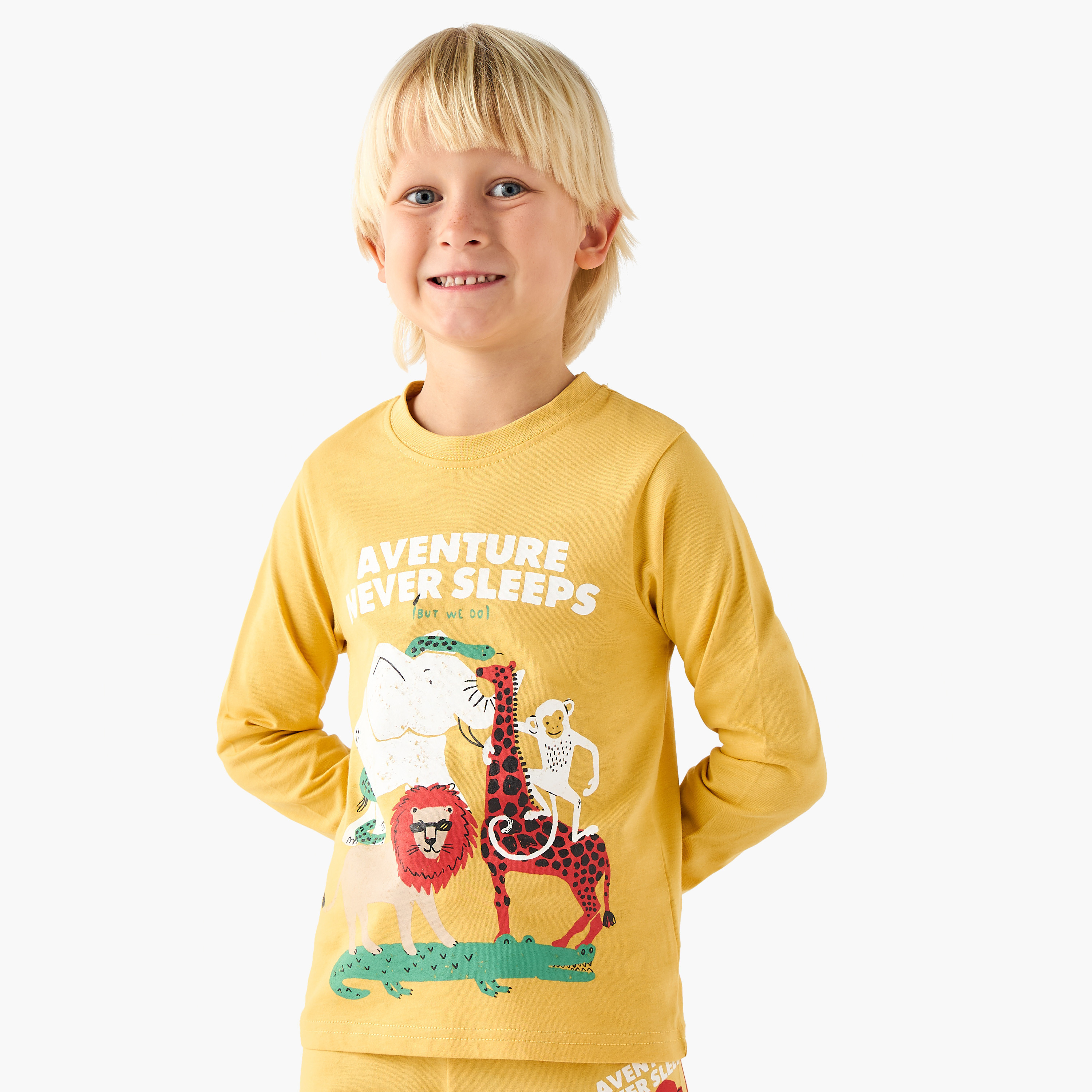 Juniors Cotton Crew Neck Long Sleeves Pyjama Set with Wild Animal Print-boys-clothing-nightwear-image-2