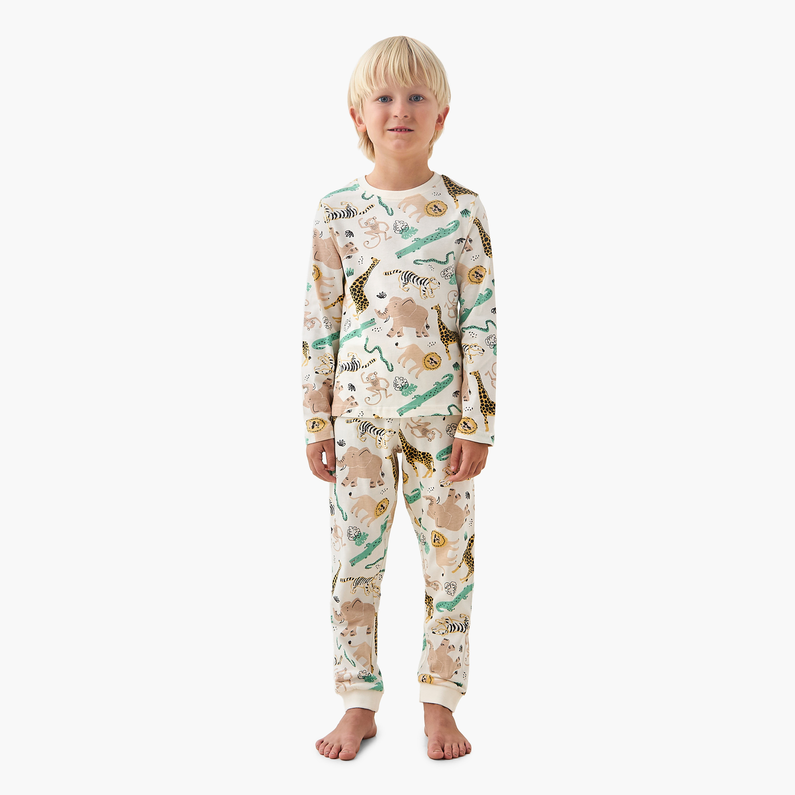 Juniors Cotton Crew Neck Long Sleeves Pyjama Set with Safari Print-boys-clothing-nightwear-image-1
