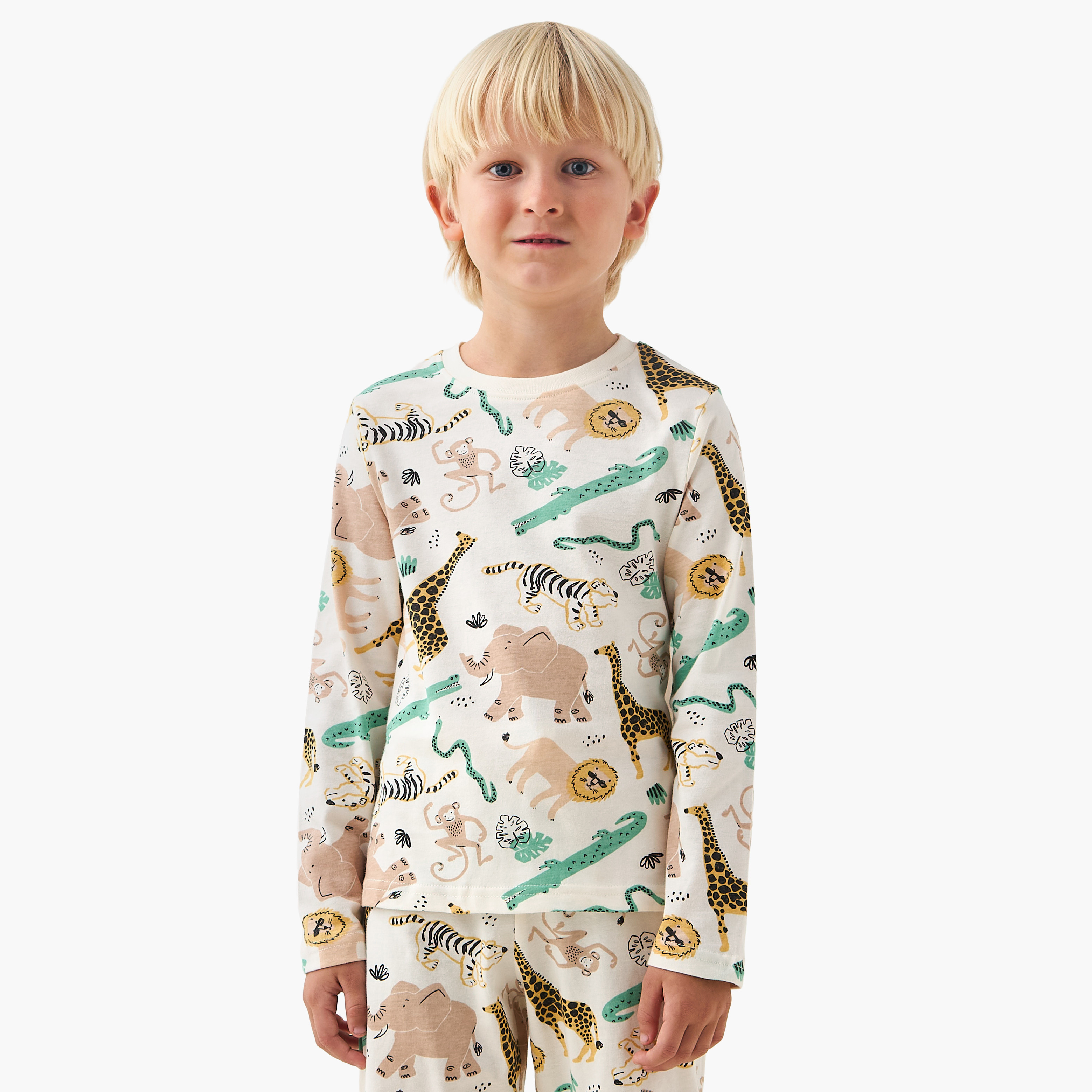Juniors Cotton Crew Neck Long Sleeves Pyjama Set with Safari Print-boys-clothing-nightwear-image-2