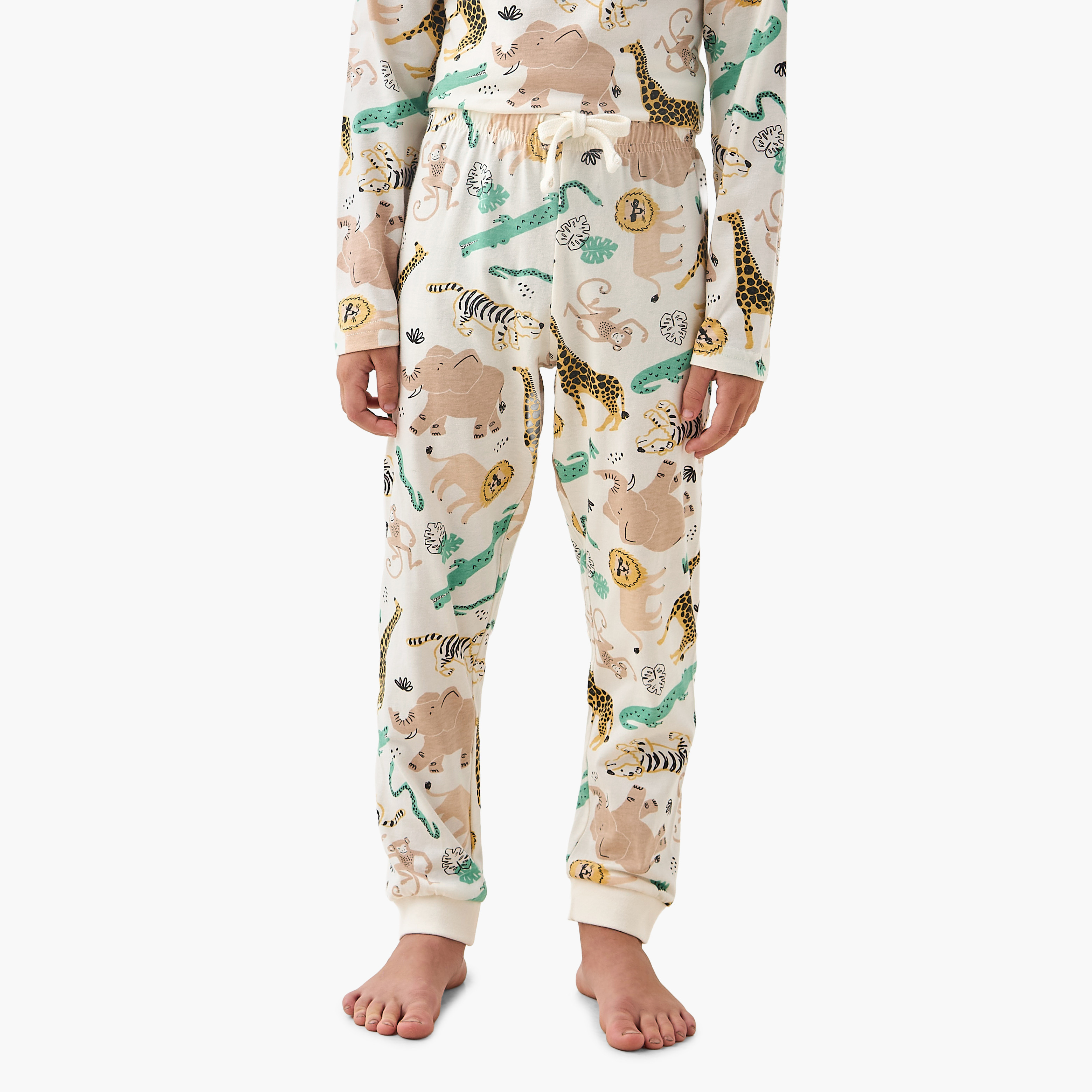 Juniors Cotton Crew Neck Long Sleeves Pyjama Set with Safari Print-boys-clothing-nightwear-image-3