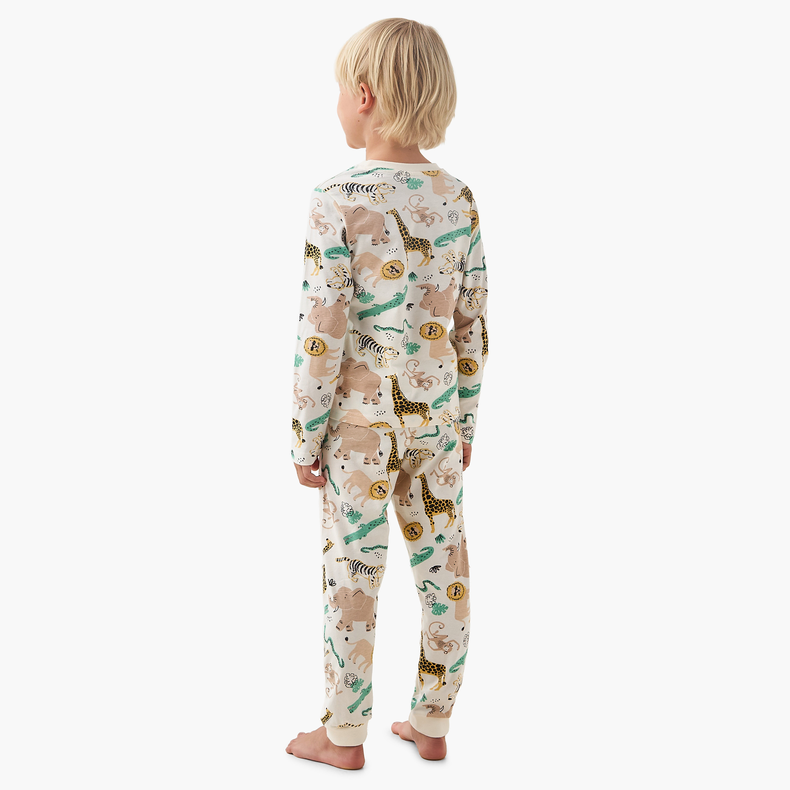 Juniors Cotton Crew Neck Long Sleeves Pyjama Set with Safari Print-boys-clothing-nightwear-image-4