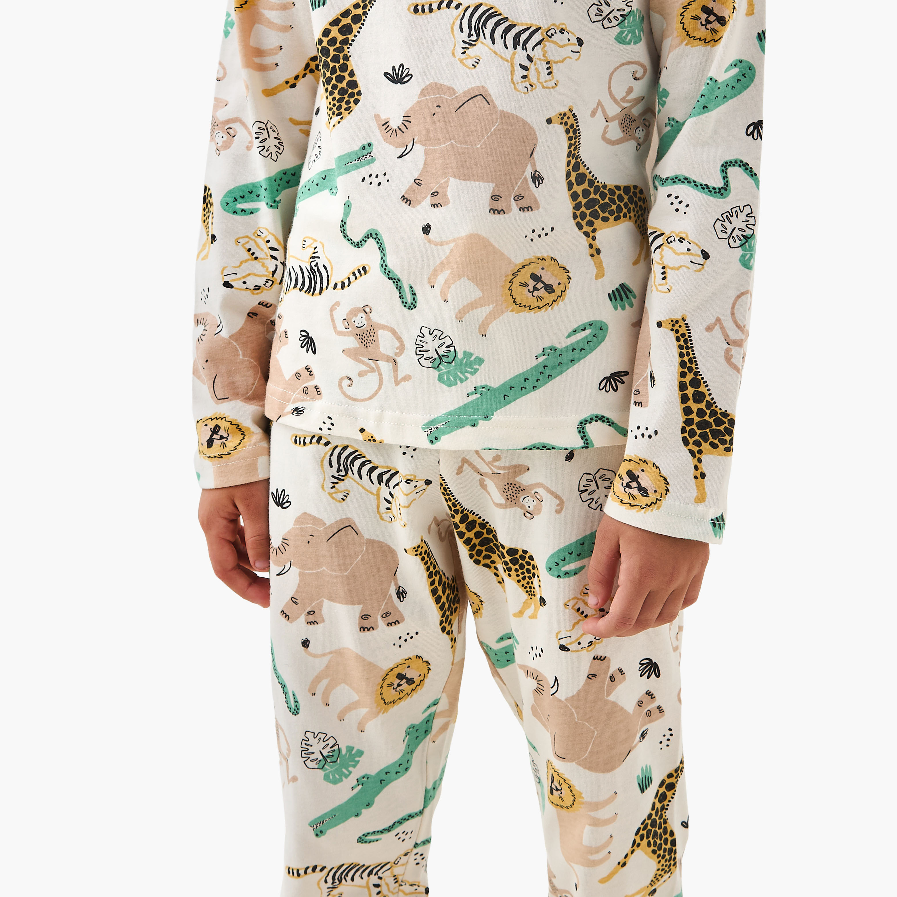 Juniors Cotton Crew Neck Long Sleeves Pyjama Set with Safari Print-boys-clothing-nightwear-image-5